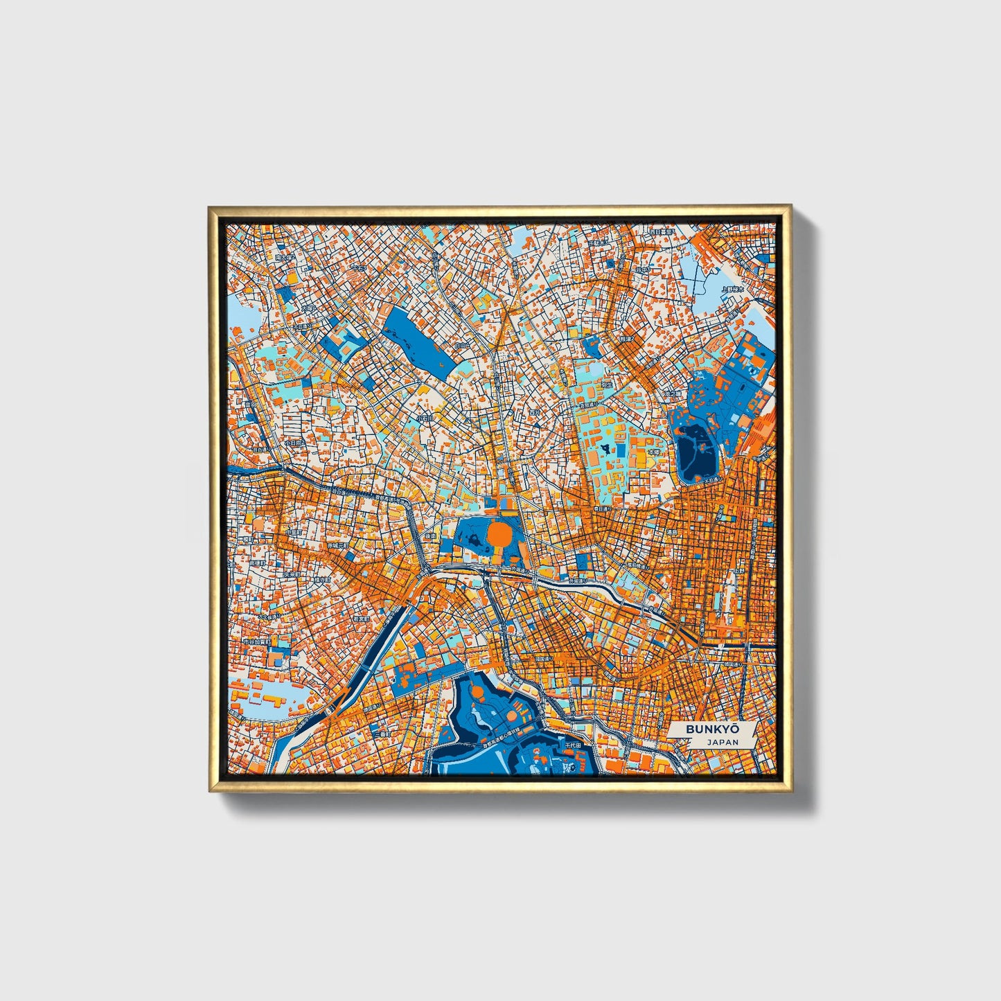Bunkyō Japan Colorful City Map Canvas Print • Gold Framed
