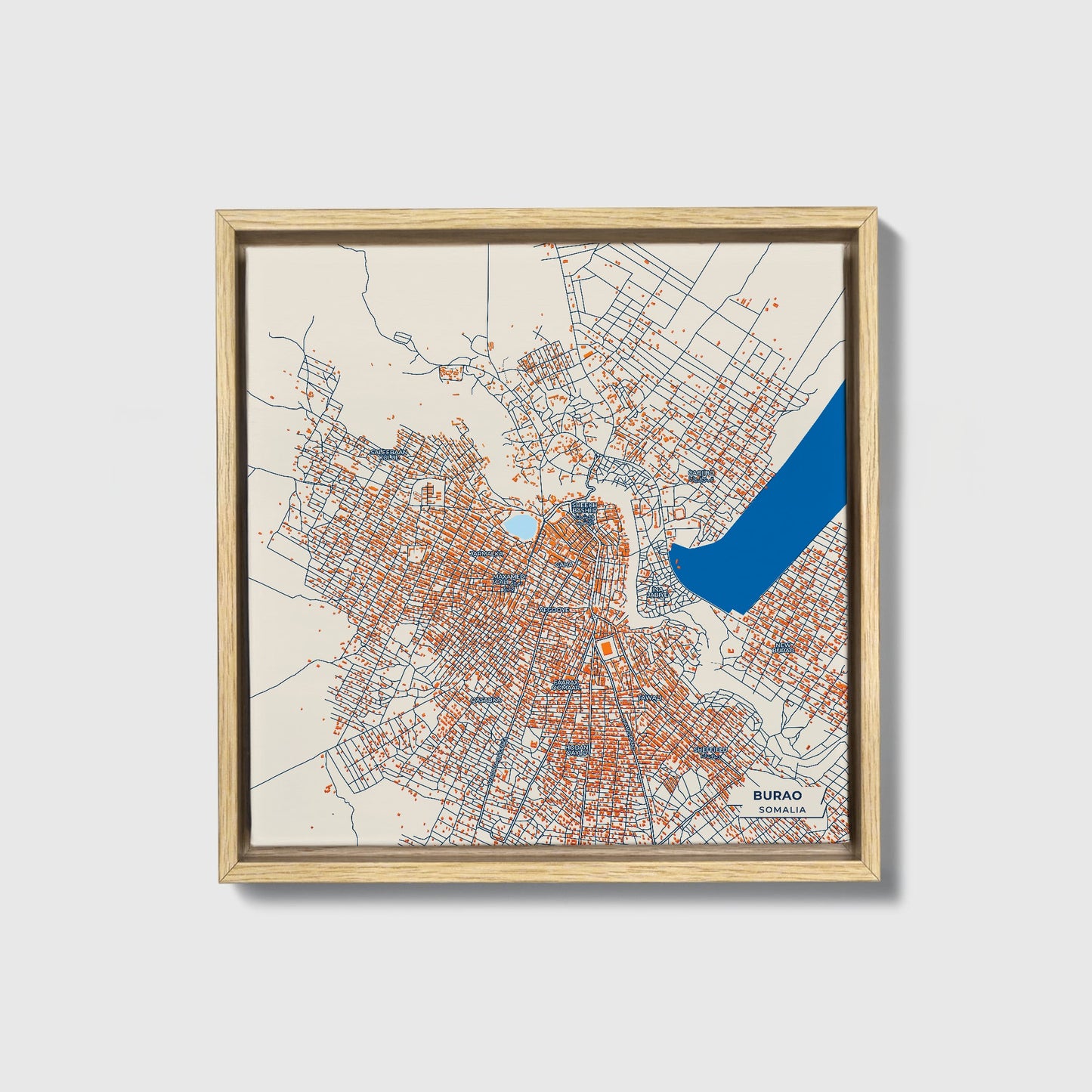 Burao Somalia Colorful City Map Canvas Print • Natural Wooden Framed