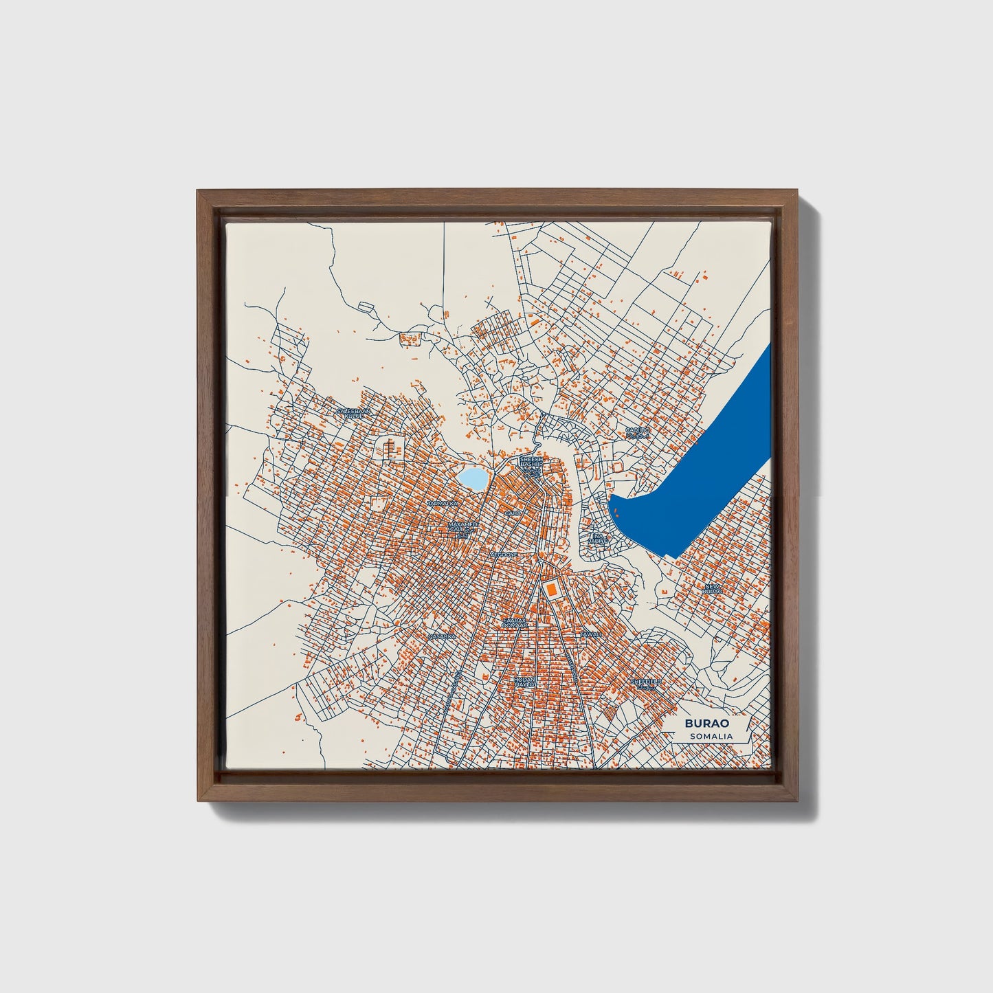 Burao Somalia Colorful City Map Canvas Print • Dark Wooden Framed