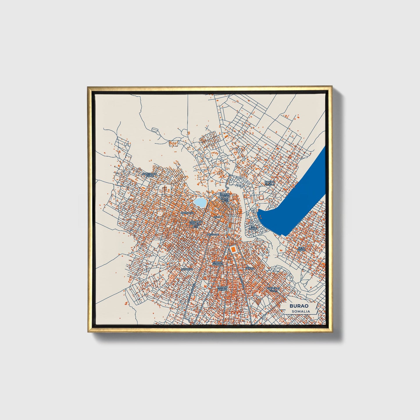 Burao Somalia Colorful City Map Canvas Print • Gold Framed