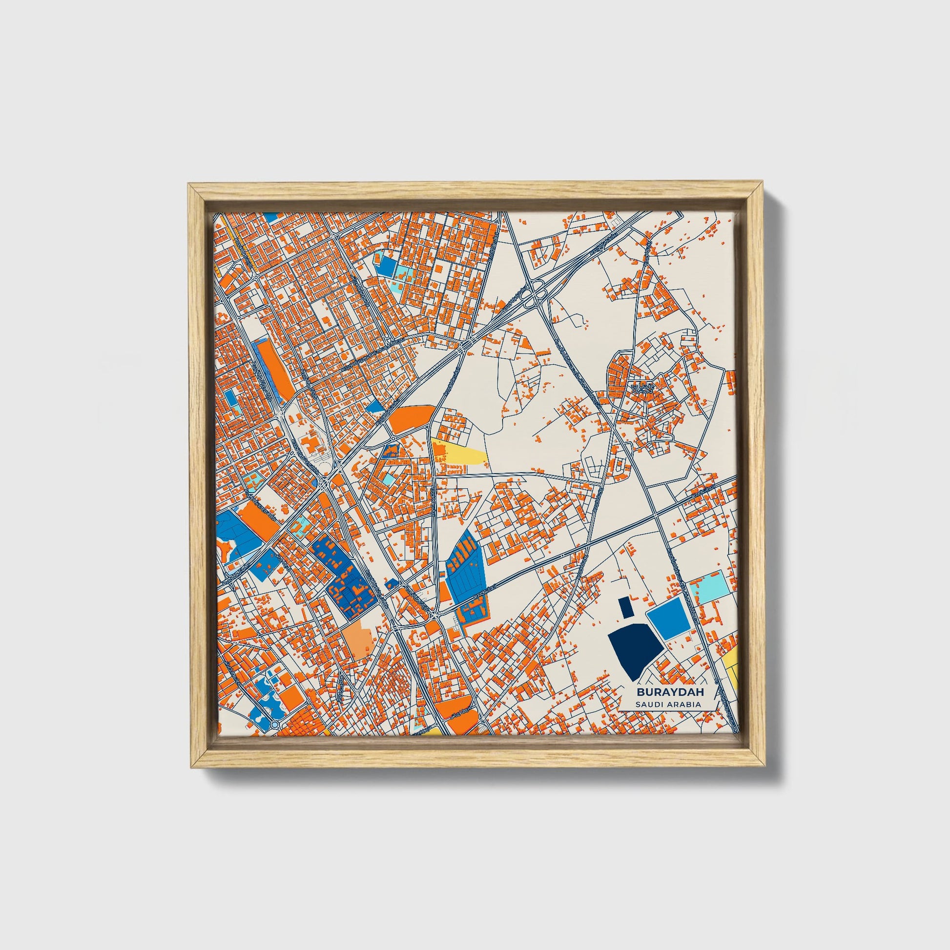 Buraydah Saudi Arabia Colorful City Map Canvas Print • Natural Wooden Framed