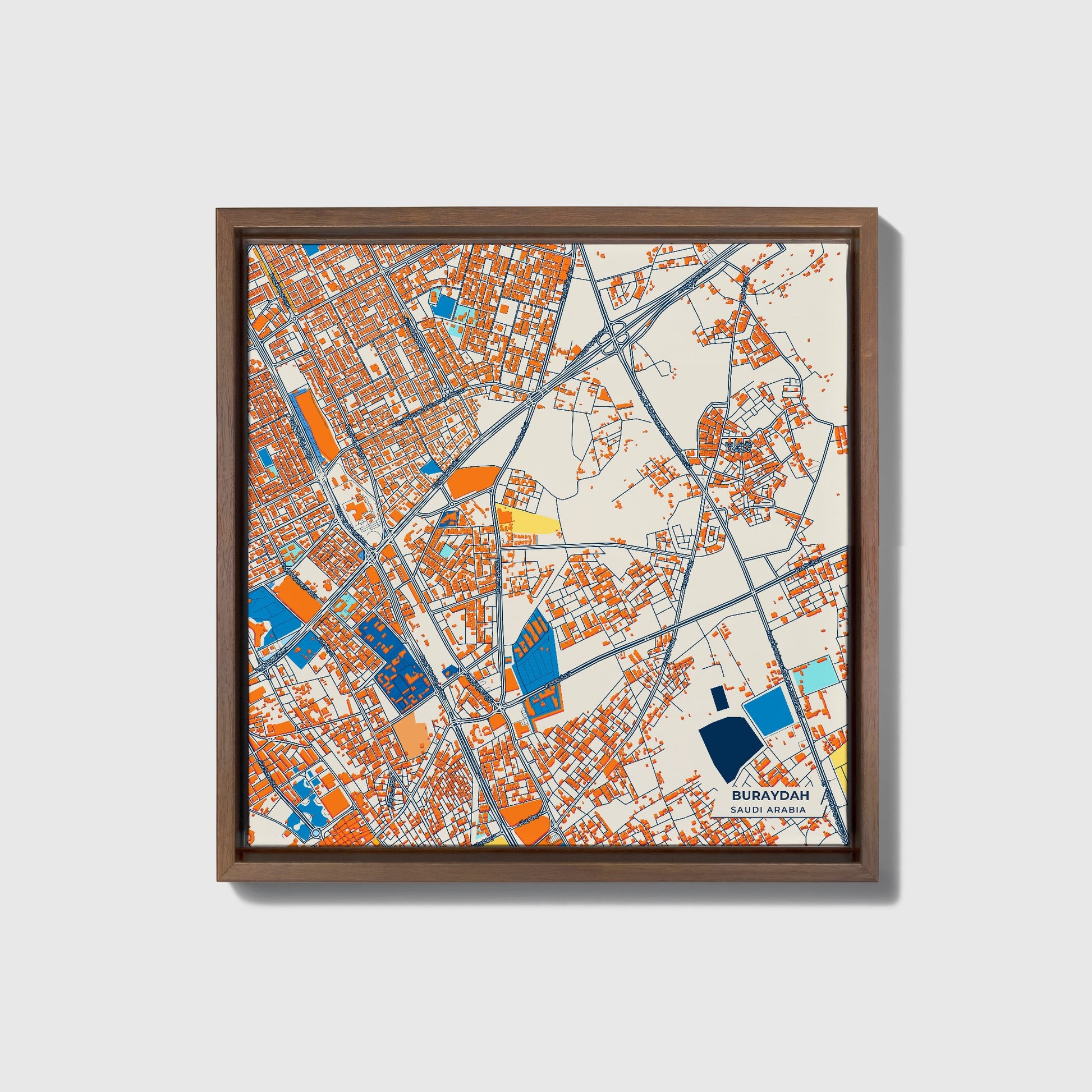 Buraydah Saudi Arabia Colorful City Map Canvas Print • Dark Wooden Framed