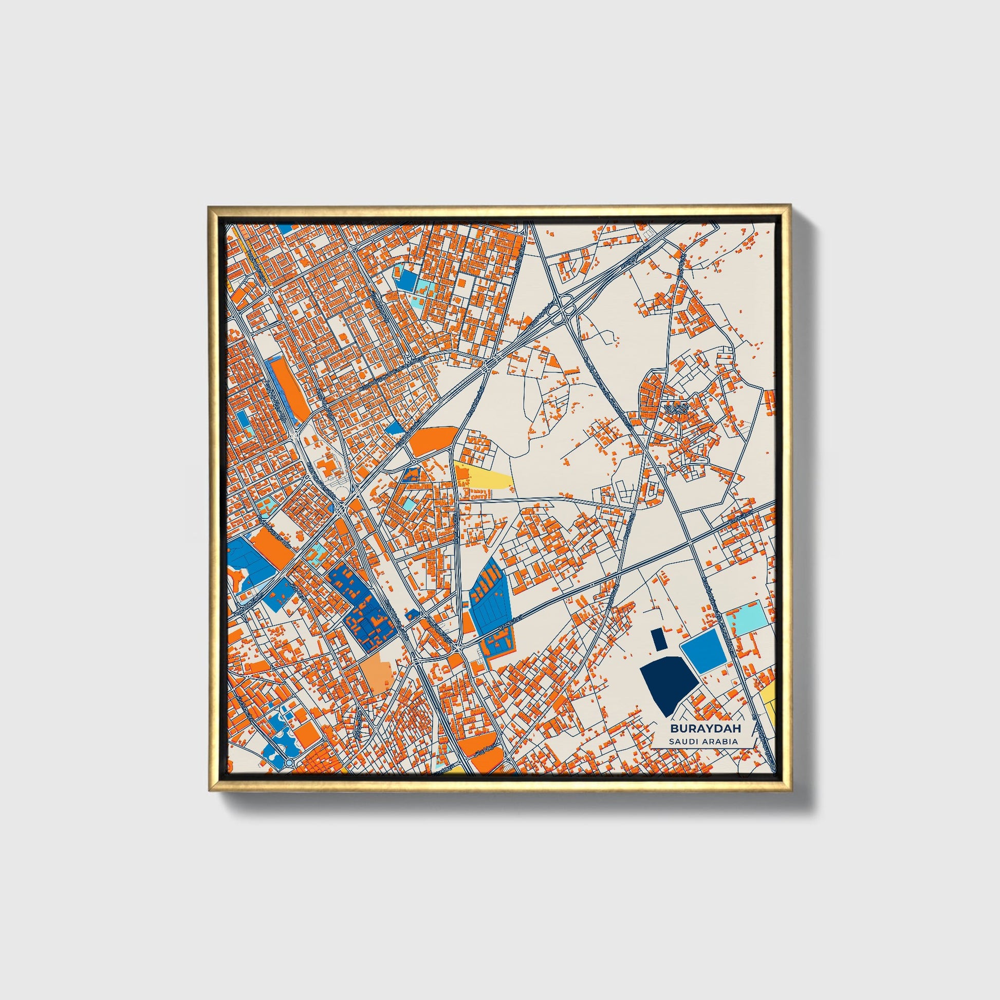 Buraydah Saudi Arabia Colorful City Map Canvas Print • Gold Framed