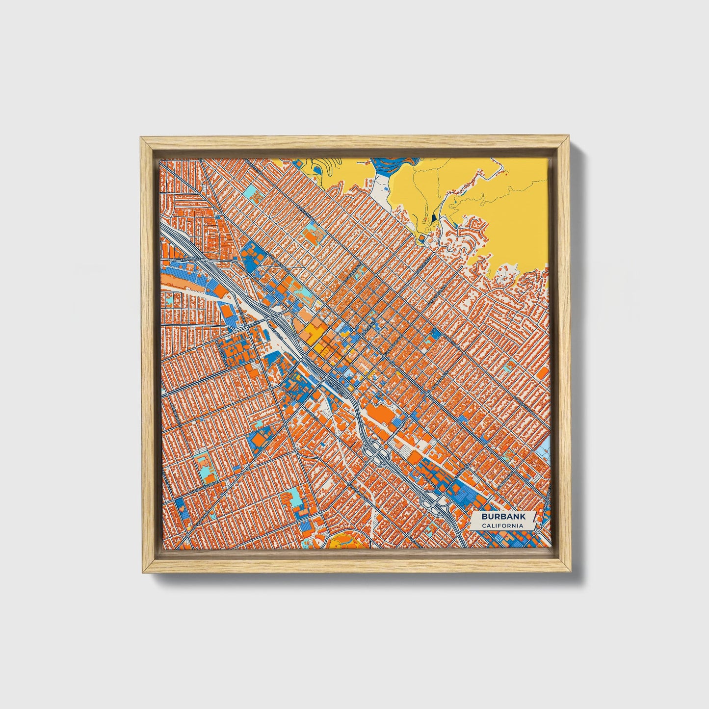 Burbank California Colorful City Map Canvas Print • Natural Wooden Framed
