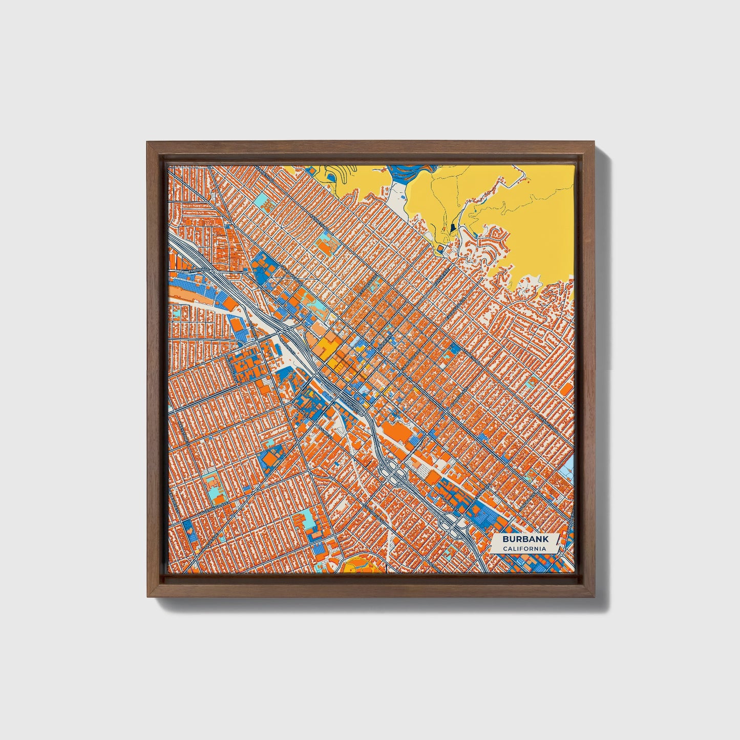Burbank California Colorful City Map Canvas Print • Dark Wooden Framed