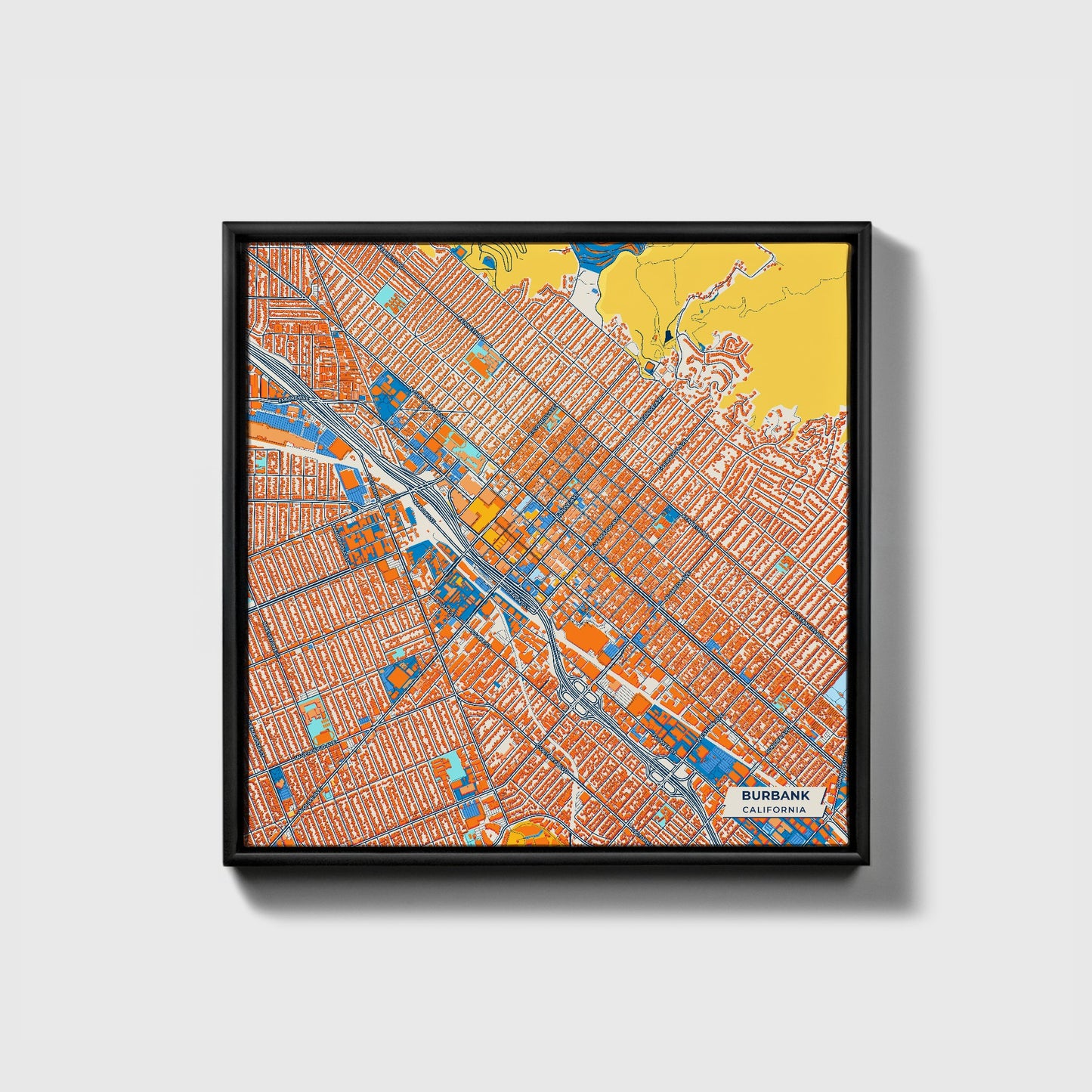 Burbank California Colorful City Map Canvas Print • Black Framed