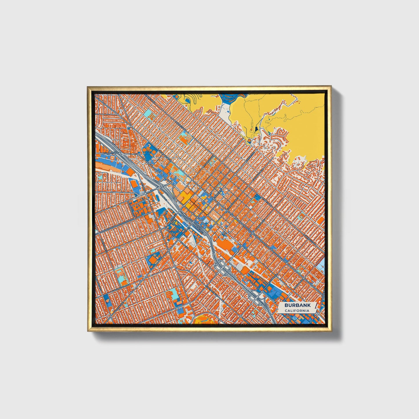 Burbank California Colorful City Map Canvas Print • Gold Framed