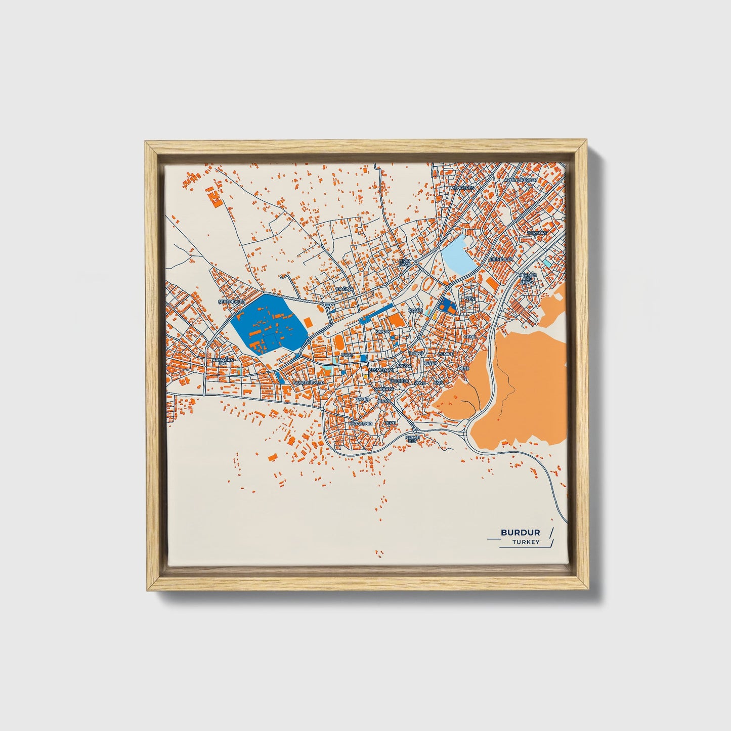 Burdur Turkey Colorful City Map Canvas Print • Natural Wooden Framed