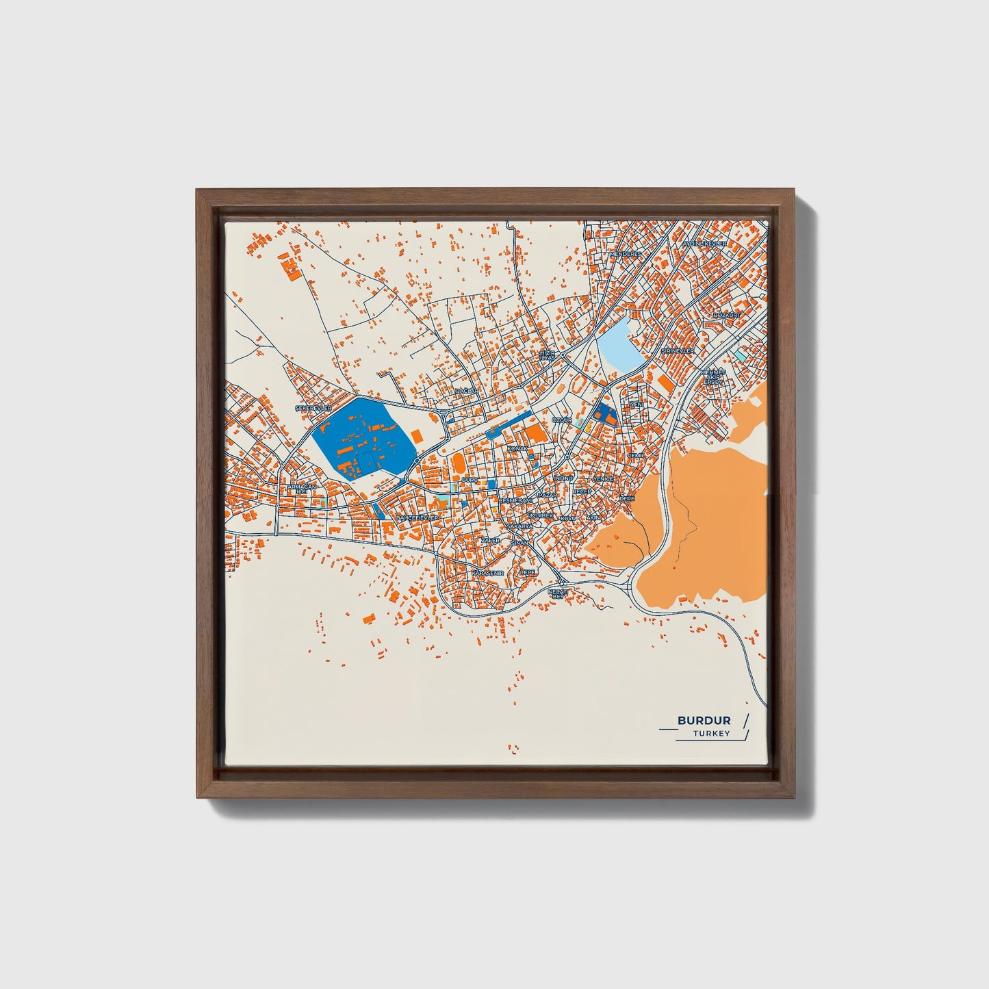 Burdur Turkey Colorful City Map Canvas Print • Dark Wooden Framed