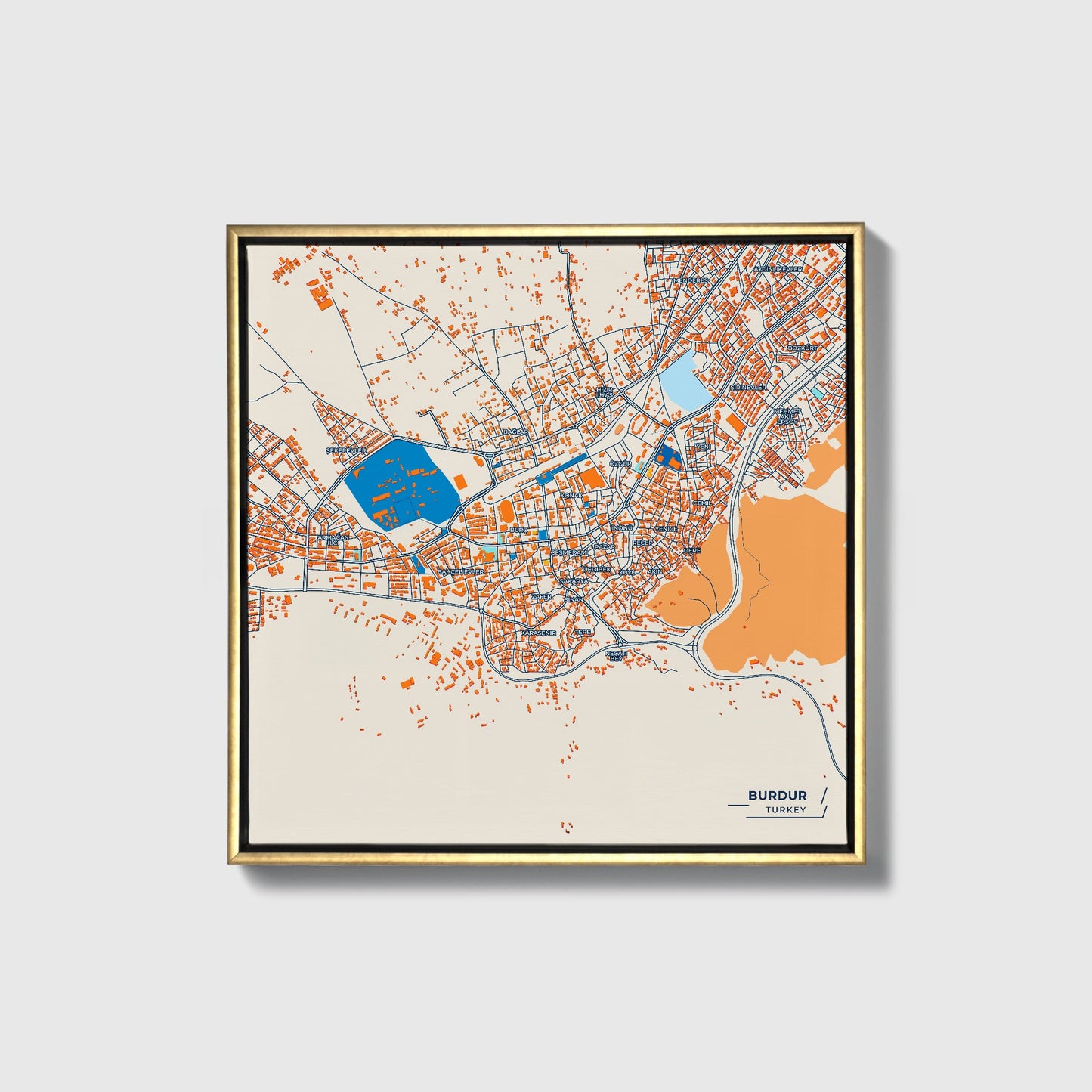 Burdur Turkey Colorful City Map Canvas Print • Gold Framed