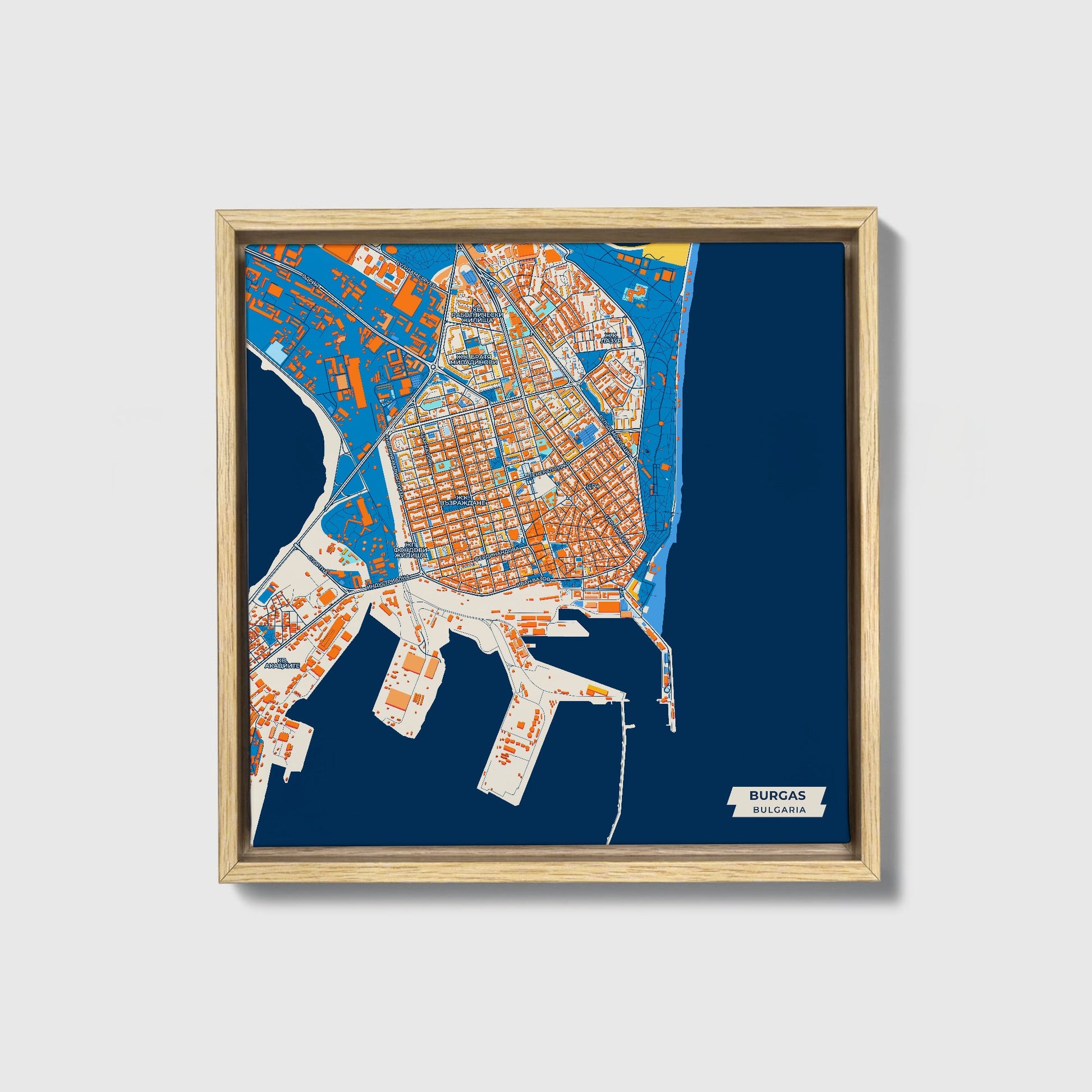 Бургас Bulgaria Colorful City Map Canvas Print • Natural Wooden Framed