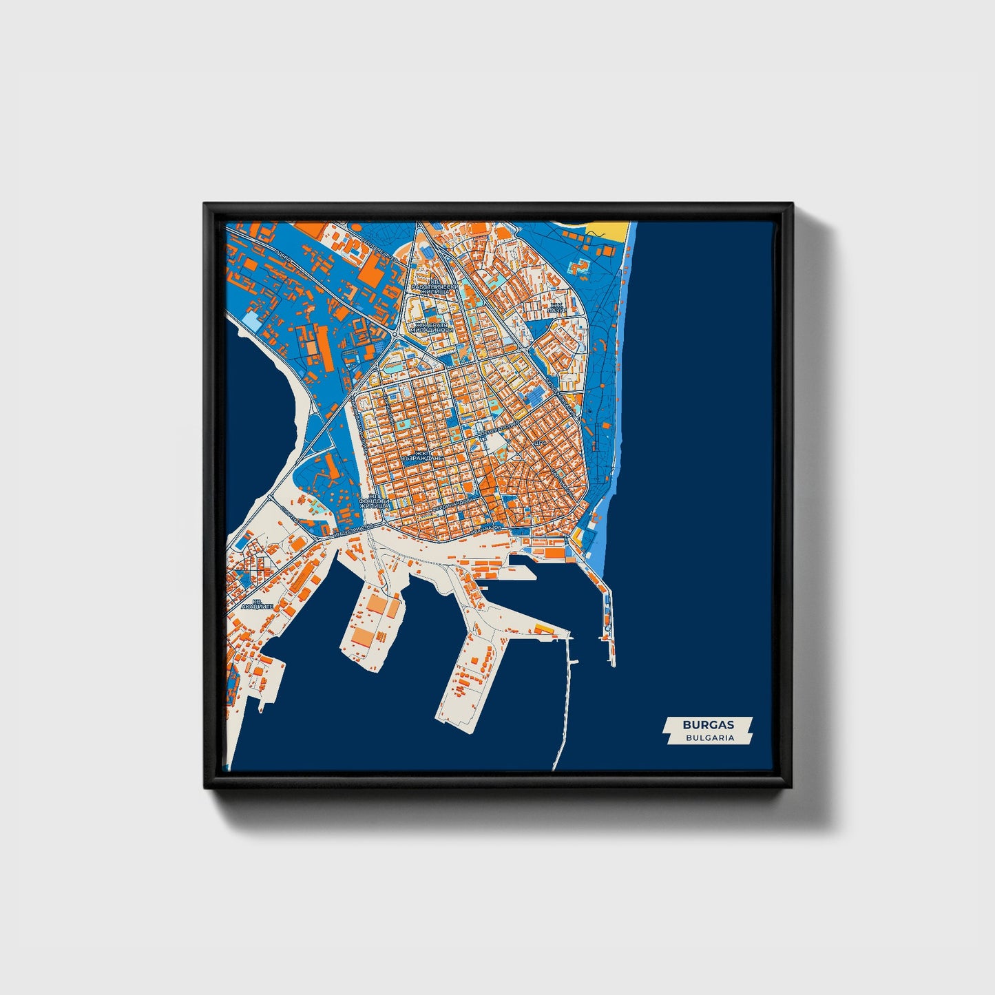 Бургас Bulgaria Colorful City Map Canvas Print • Black Framed
