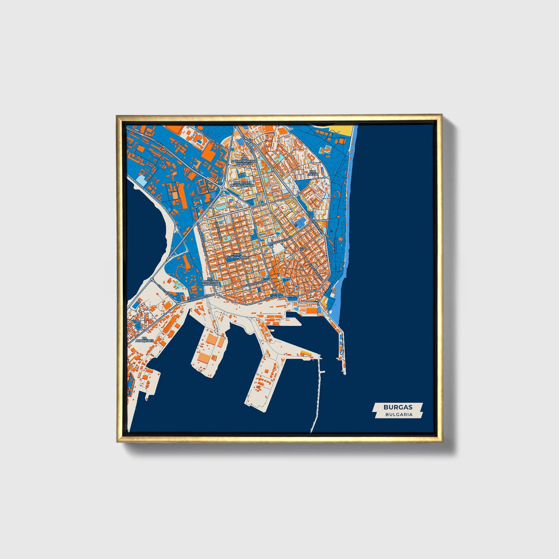 Бургас Bulgaria Colorful City Map Canvas Print • Gold Framed