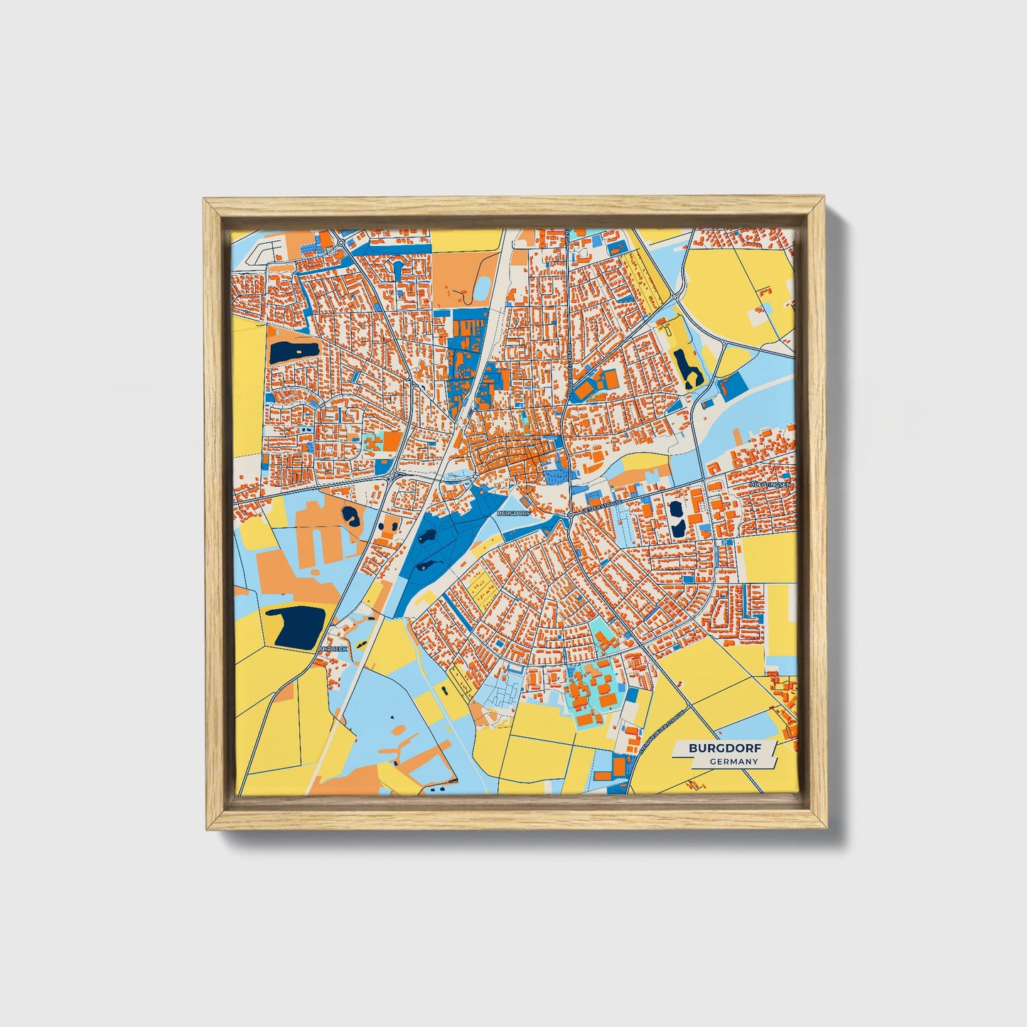 Burgdorf Germany Colorful City Map Canvas Print • Natural Wooden Framed