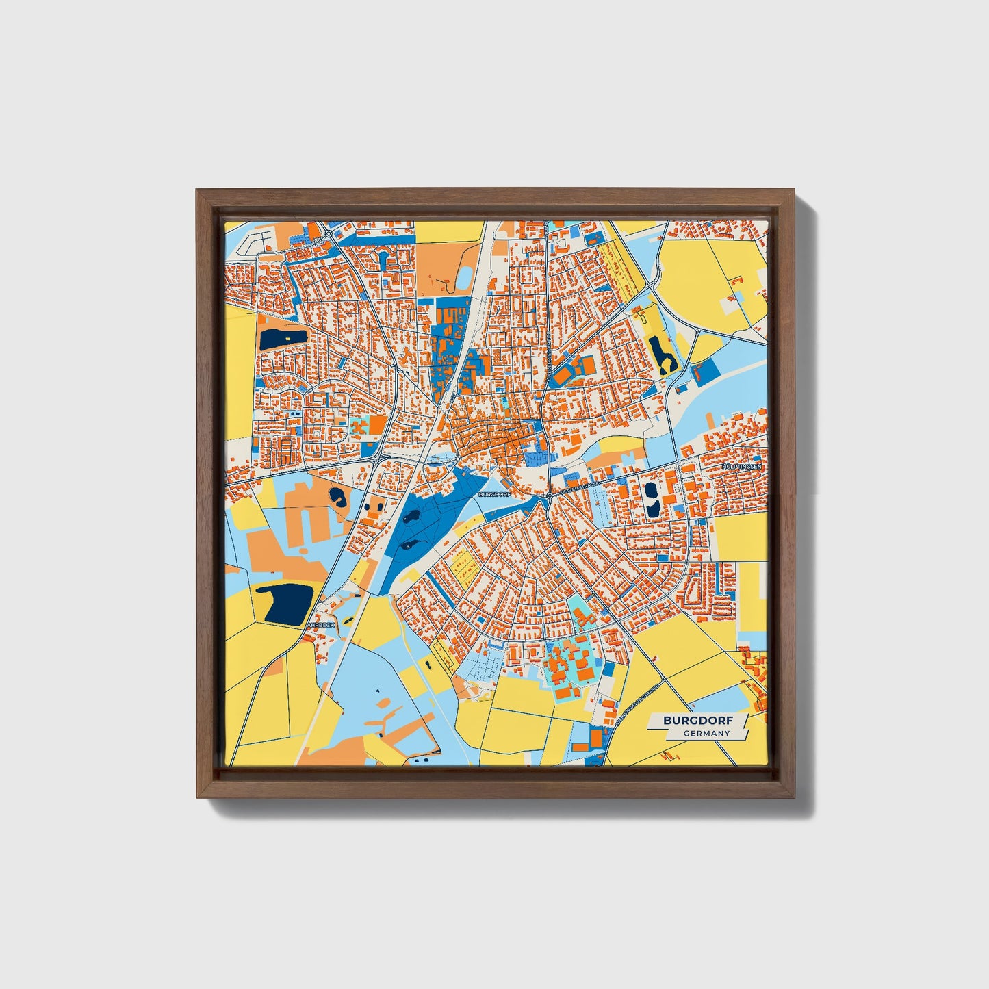 Burgdorf Germany Colorful City Map Canvas Print • Dark Wooden Framed