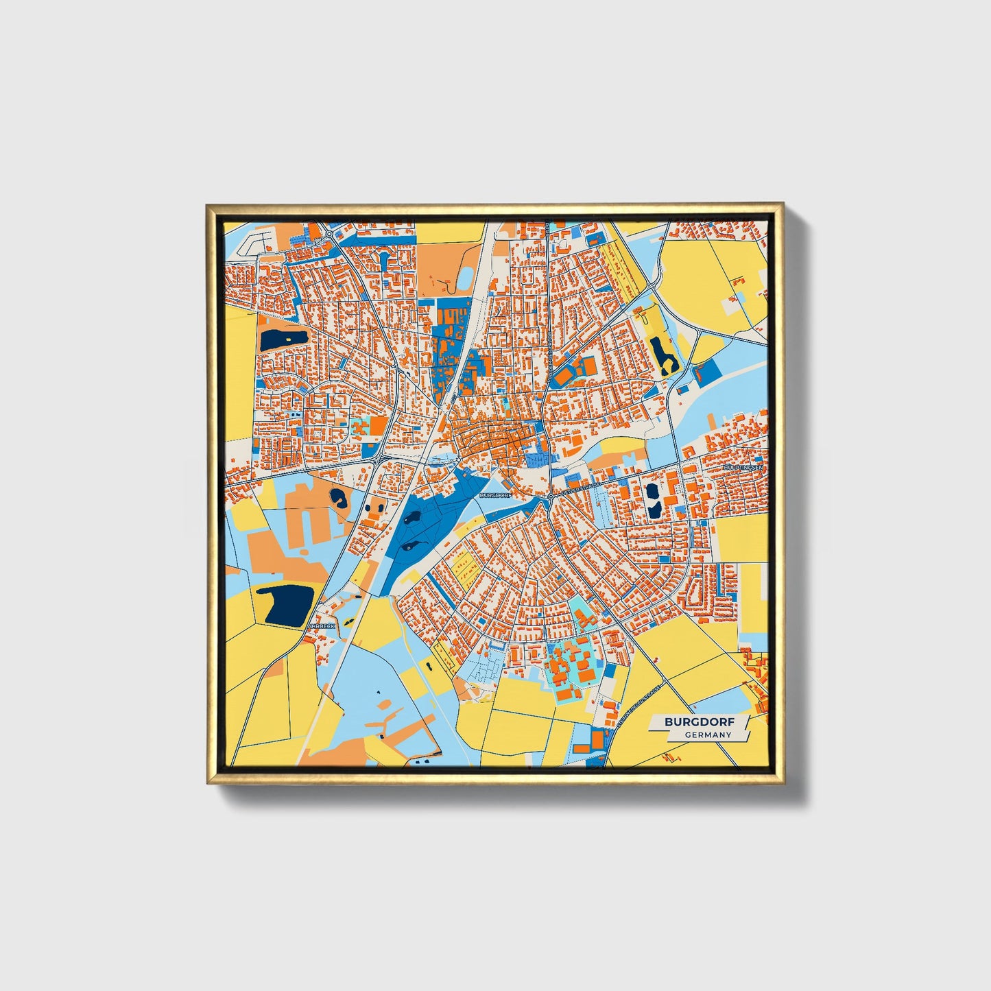 Burgdorf Germany Colorful City Map Canvas Print • Gold Framed