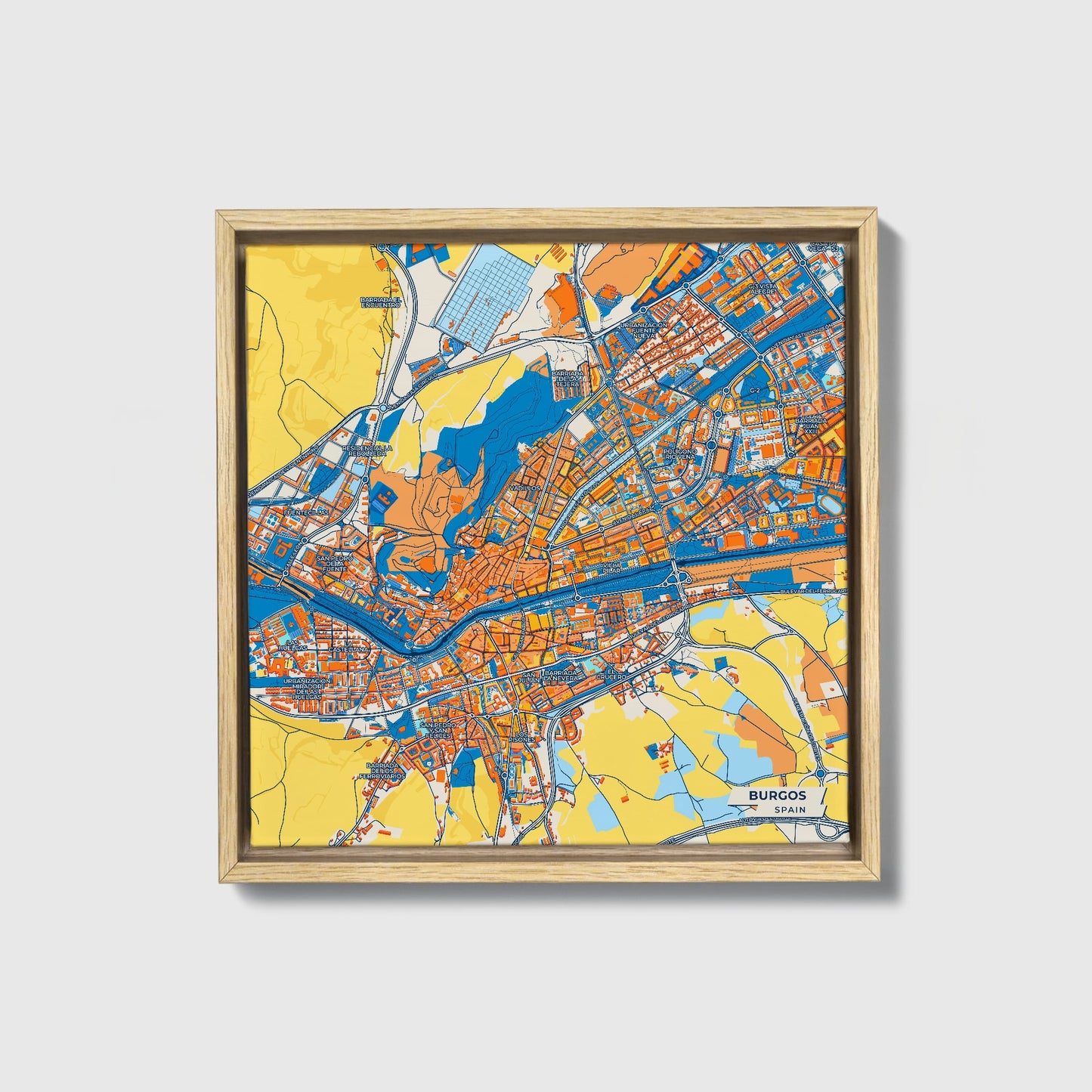 Burgos Spain Colorful City Map Canvas Print • Natural Wooden Framed