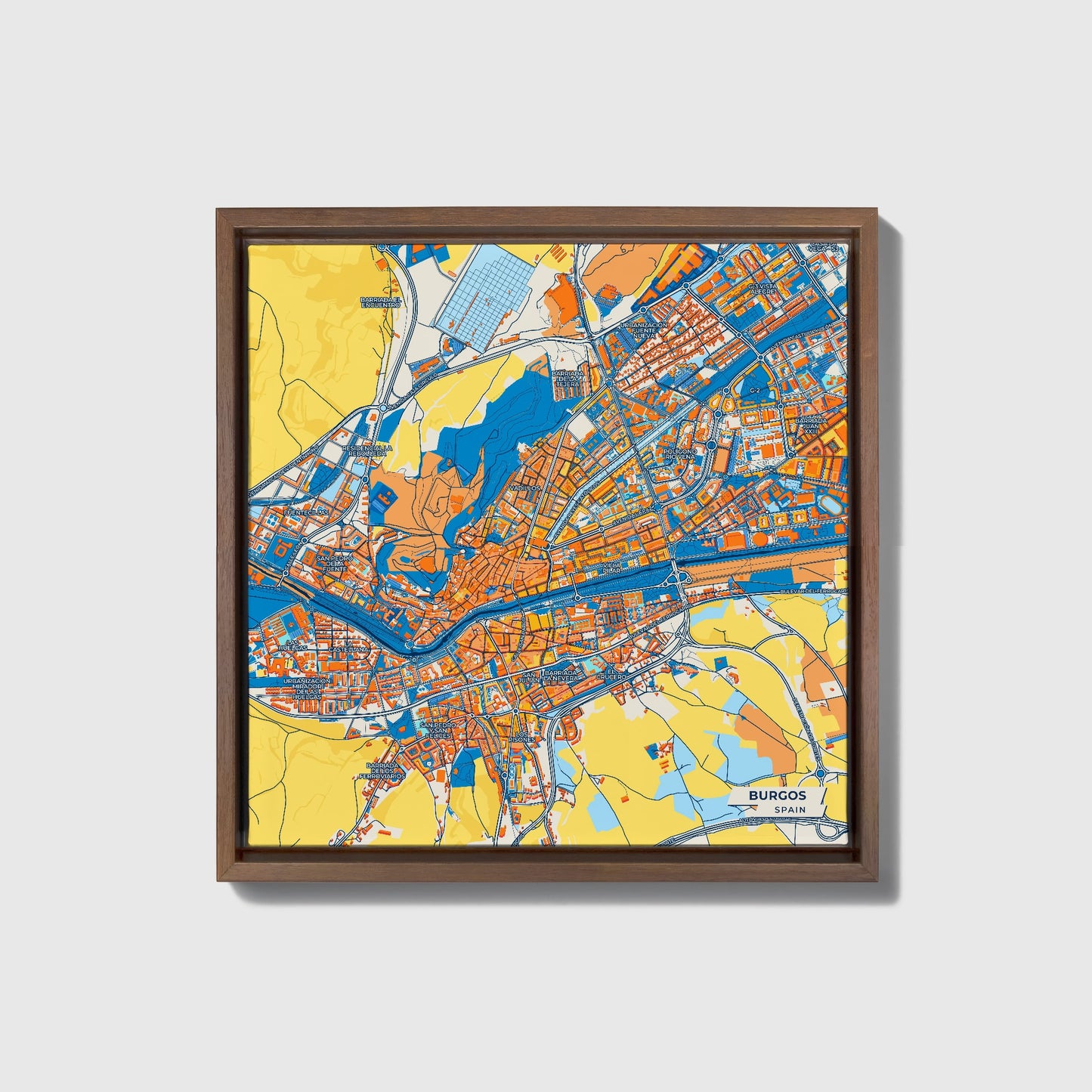 Burgos Spain Colorful City Map Canvas Print • Dark Wooden Framed