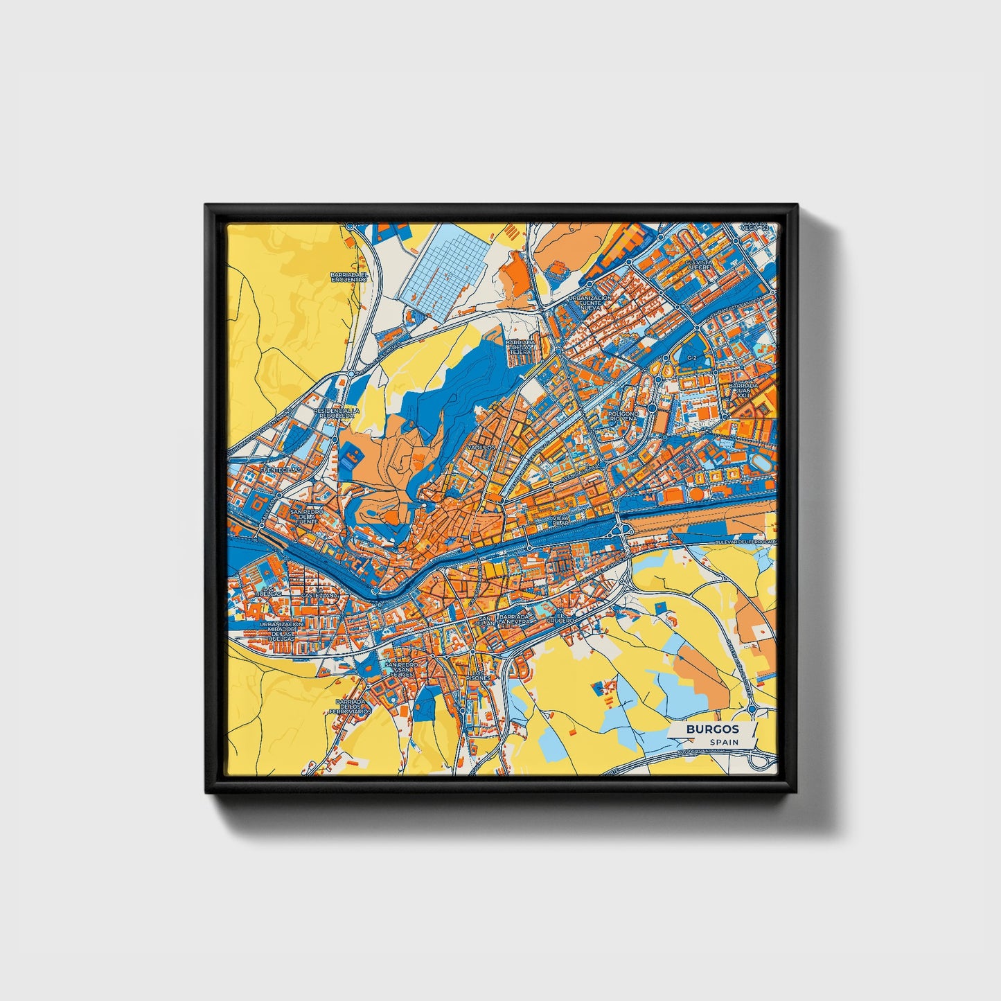 Burgos Spain Colorful City Map Canvas Print • Black Framed