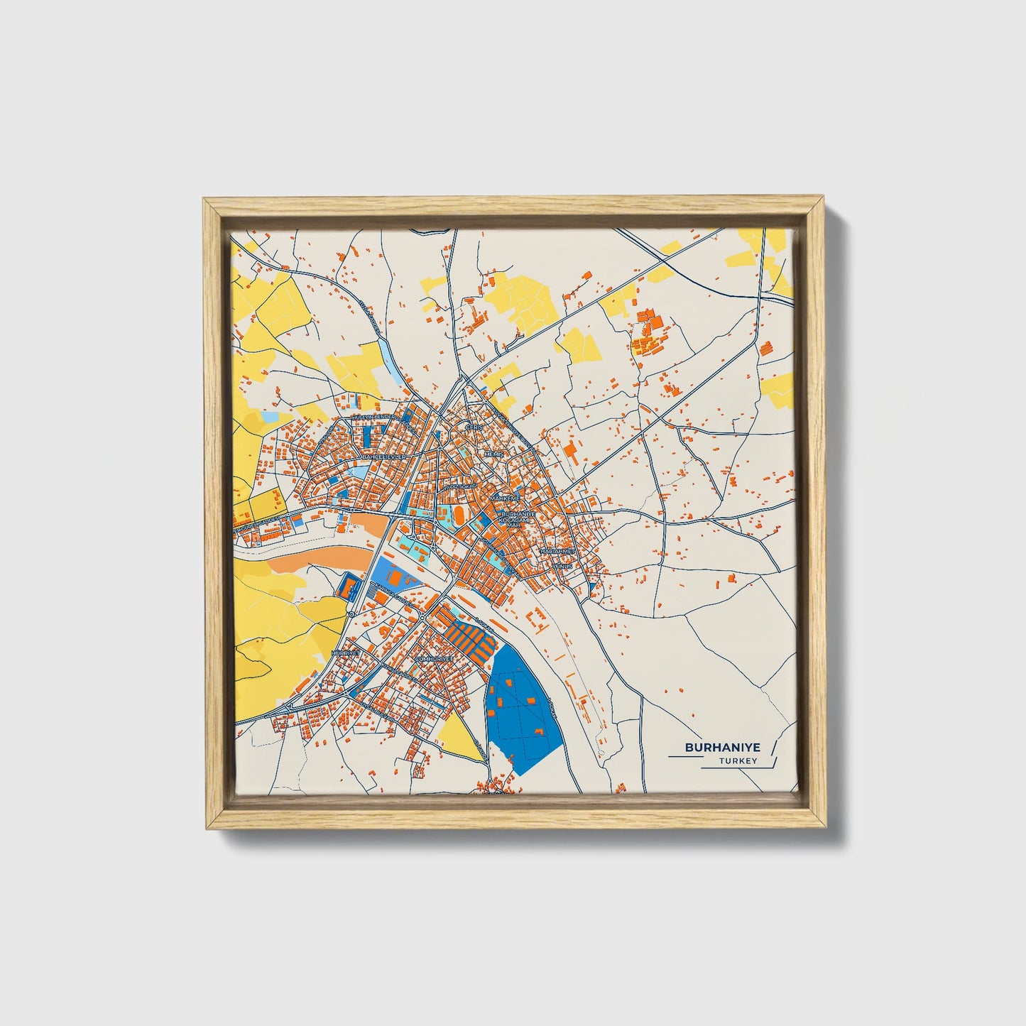 Burhani̇ye Turkey Colorful City Map Canvas Print • Natural Wooden Framed