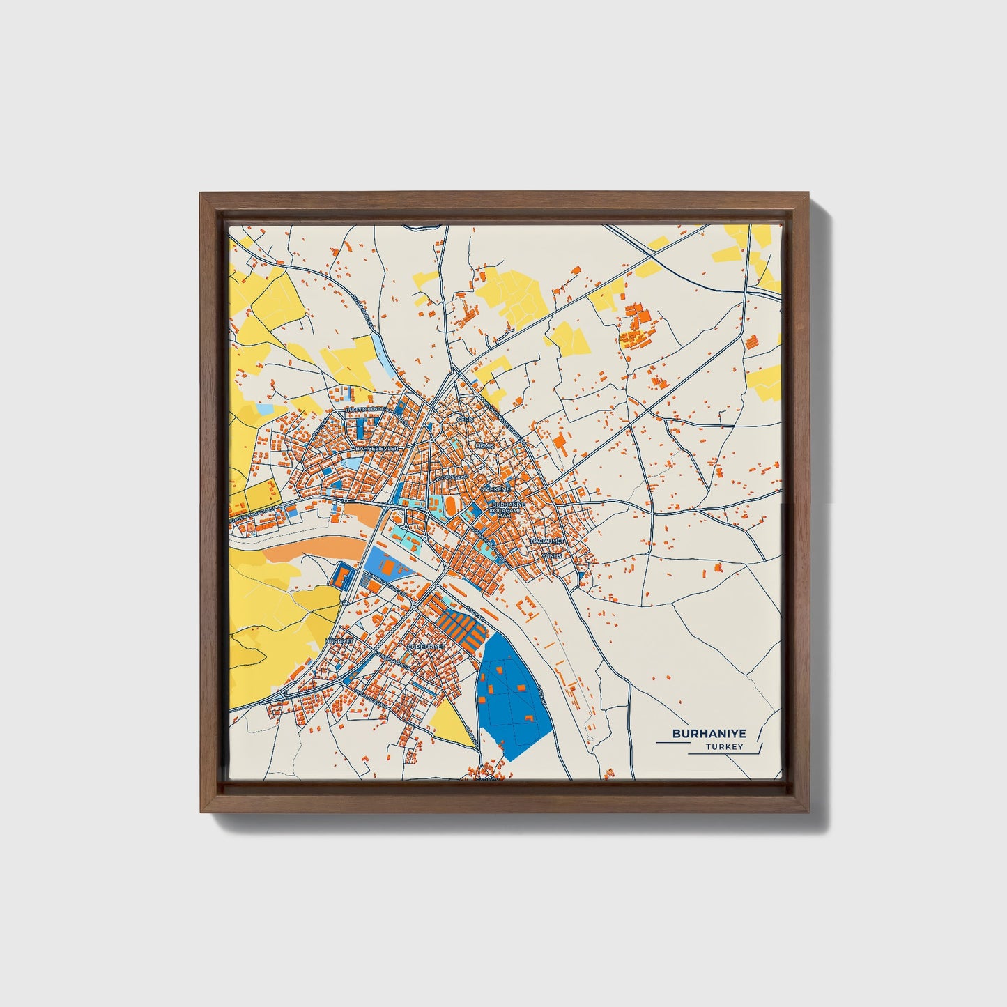 Burhani̇ye Turkey Colorful City Map Canvas Print • Dark Wooden Framed