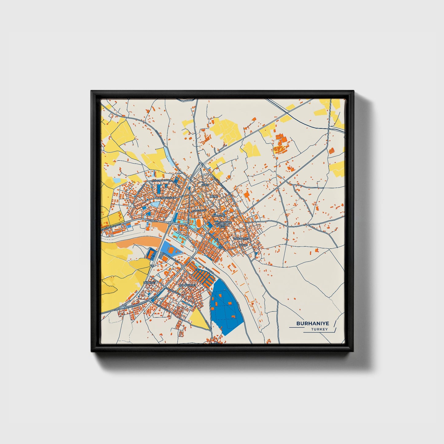 Burhani̇ye Turkey Colorful City Map Canvas Print • Black Framed