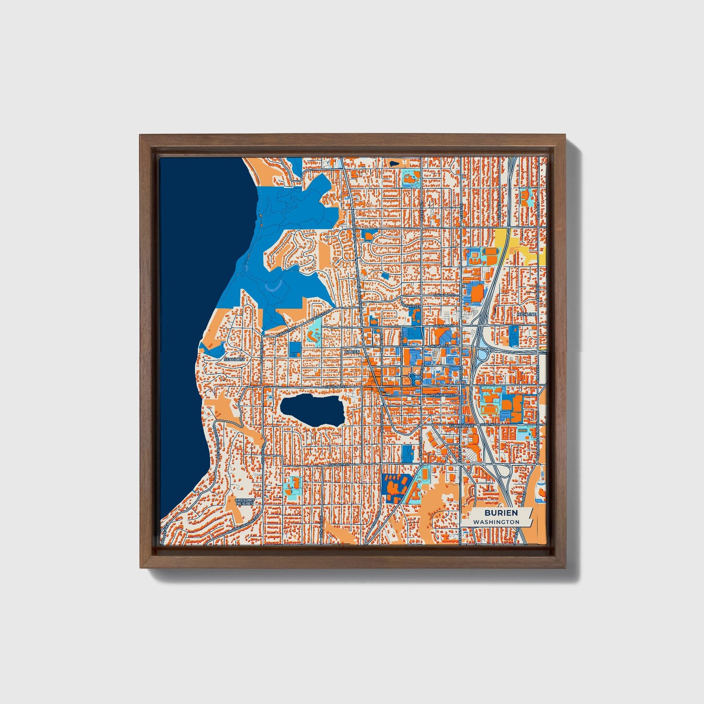 Burien Washington Colorful City Map Canvas Print • Dark Wooden Framed