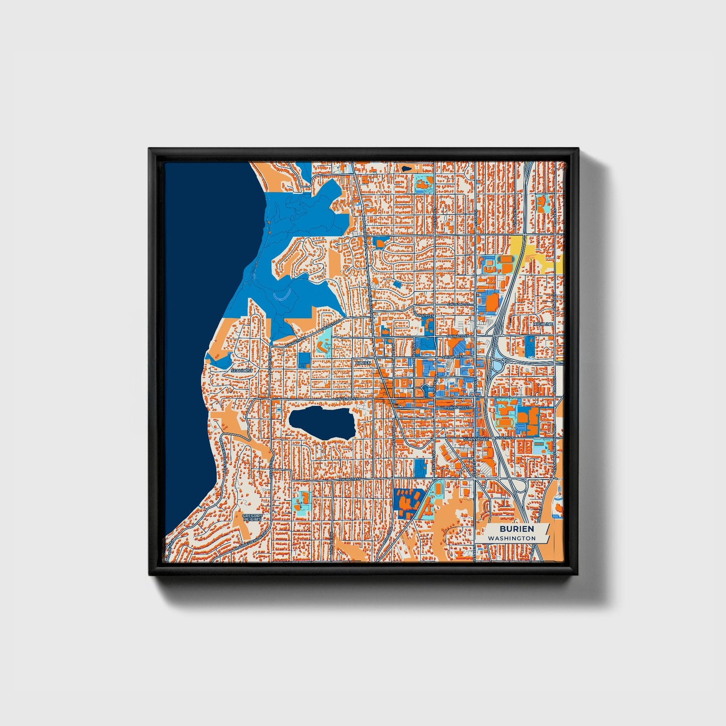 Burien Washington Colorful City Map Canvas Print • Black Framed