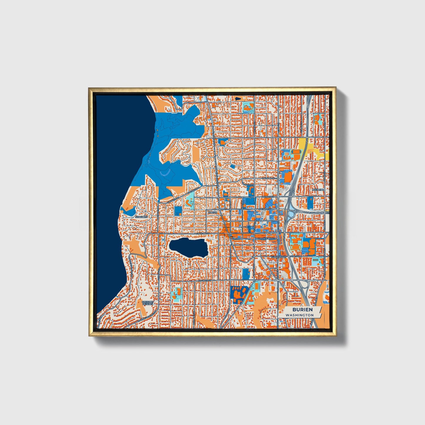 Burien Washington Colorful City Map Canvas Print • Gold Framed