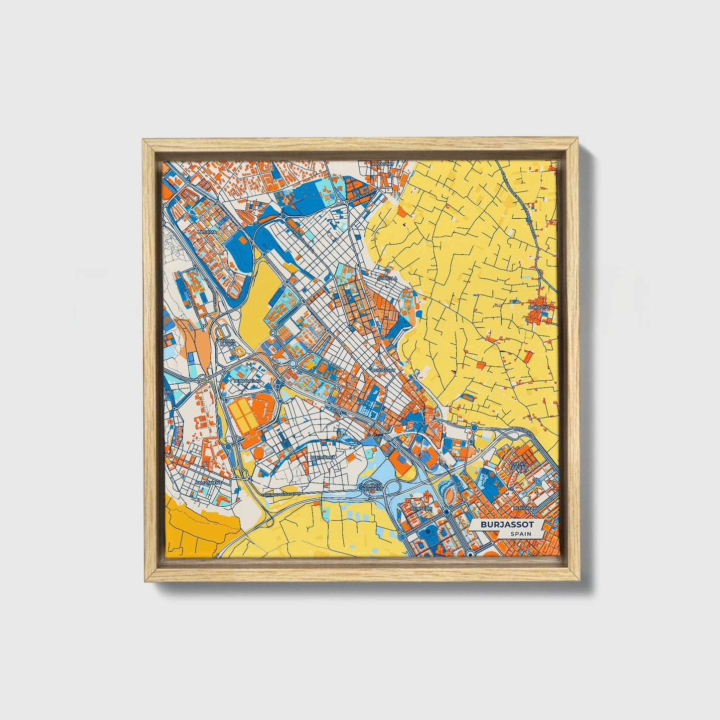 Burjassot Spain Colorful City Map Canvas Print • Natural Wooden Framed