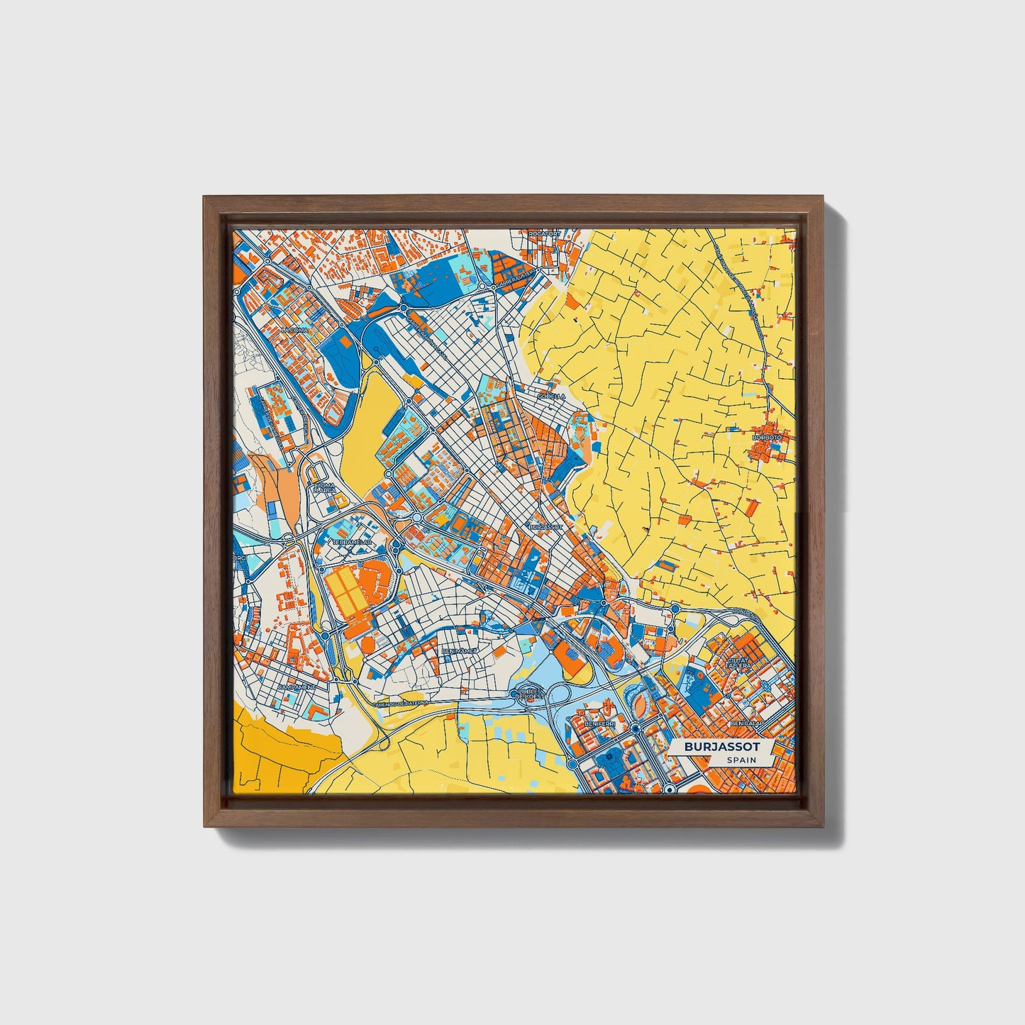Burjassot Spain Colorful City Map Canvas Print • Dark Wooden Framed