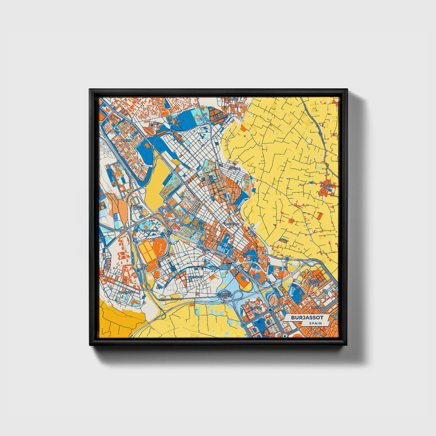 Burjassot Spain Colorful City Map Canvas Print • Black Framed