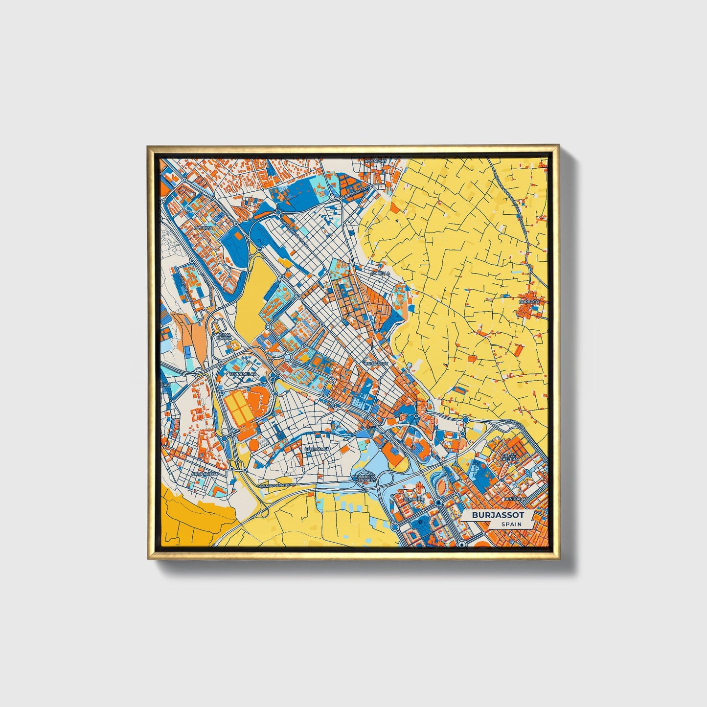 Burjassot Spain Colorful City Map Canvas Print • Gold Framed