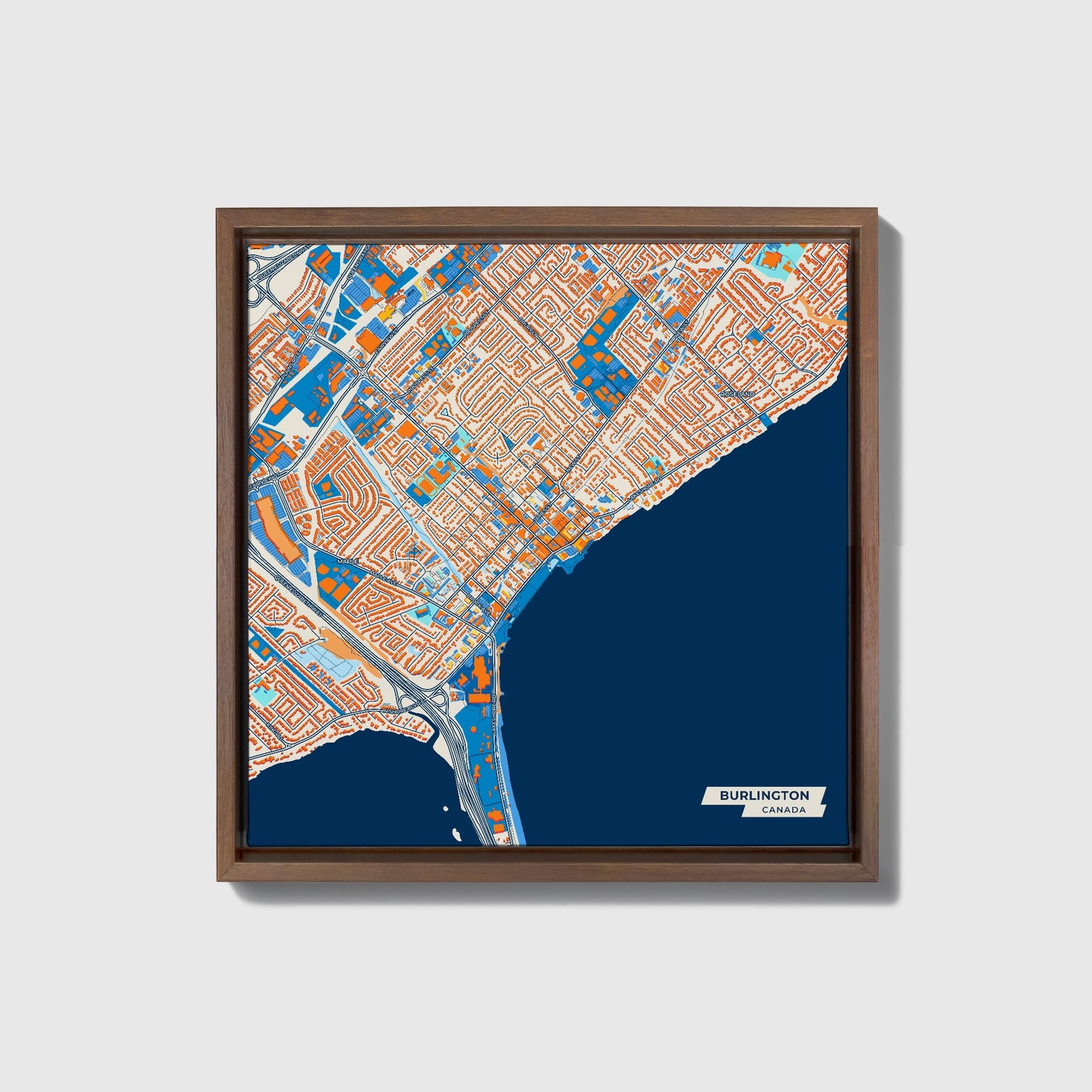 Burlington Canada Colorful City Map Canvas Print • Dark Wooden Framed
