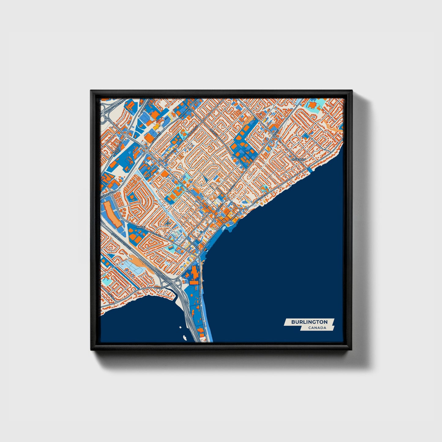 Burlington Canada Colorful City Map Canvas Print • Black Framed