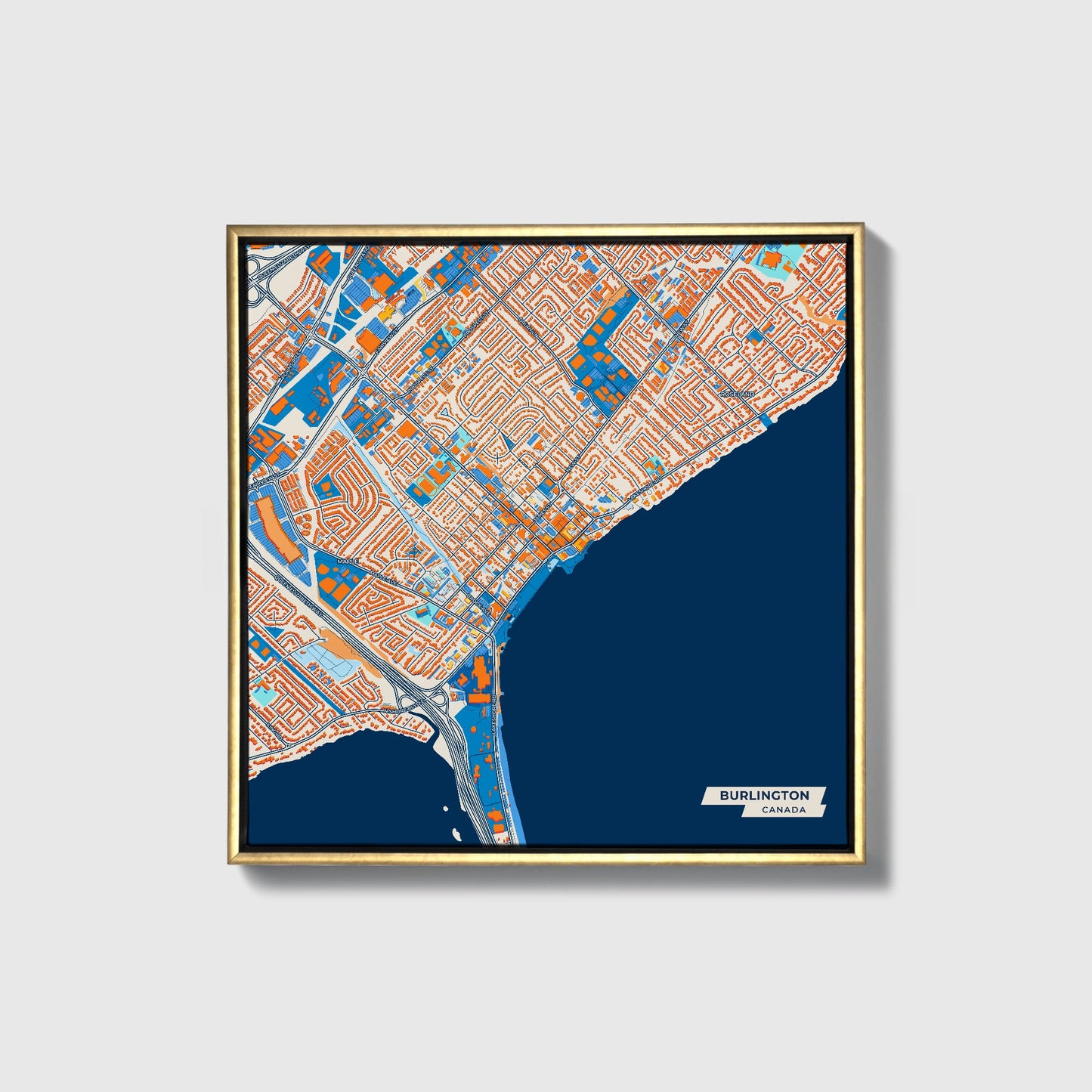 Burlington Canada Colorful City Map Canvas Print • Gold Framed