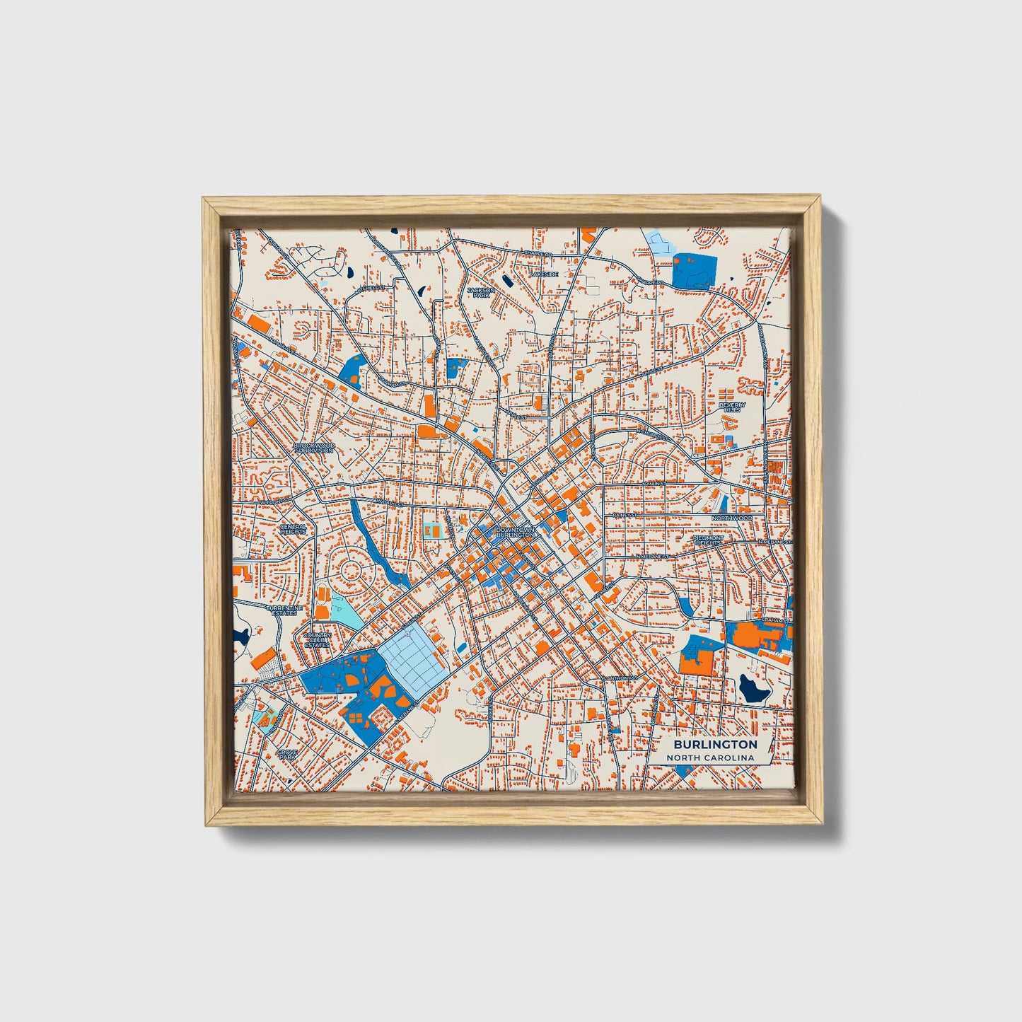 Burlington North Carolina Colorful City Map Canvas Print • Natural Wooden Framed