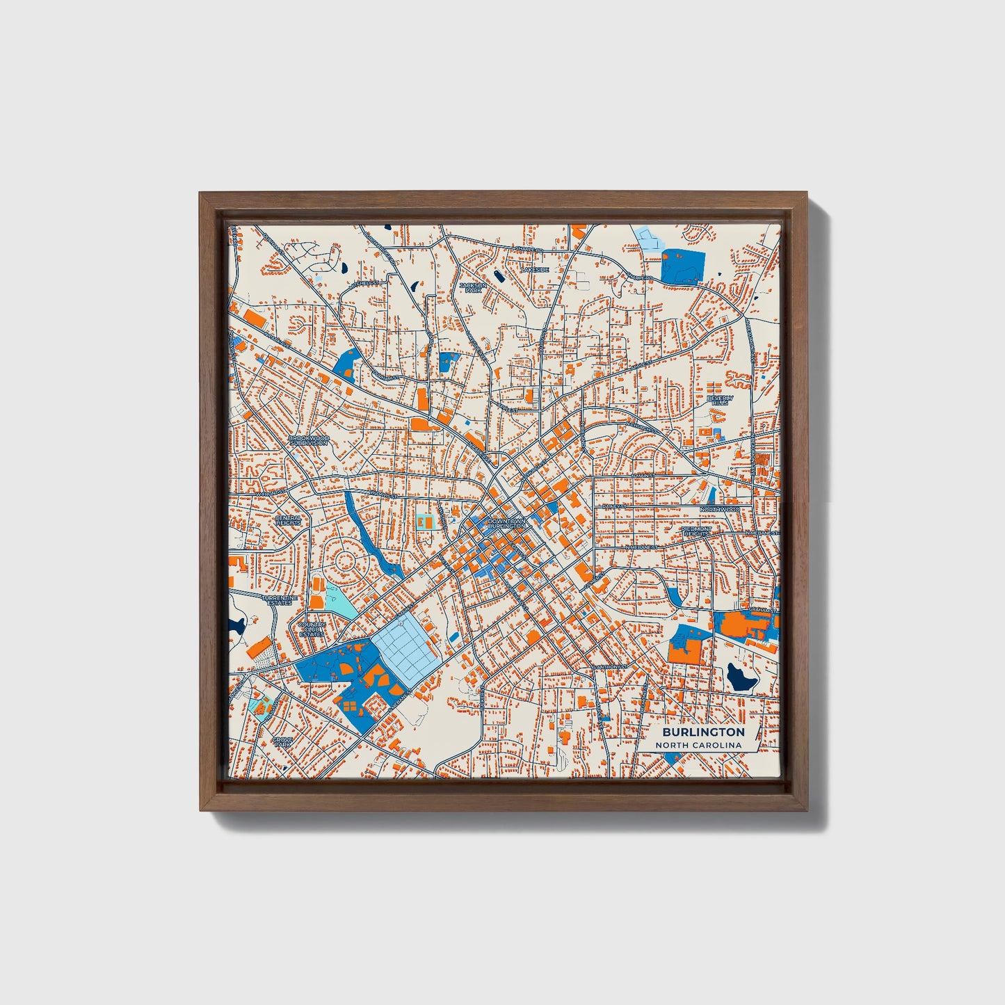 Burlington North Carolina Colorful City Map Canvas Print • Dark Wooden Framed