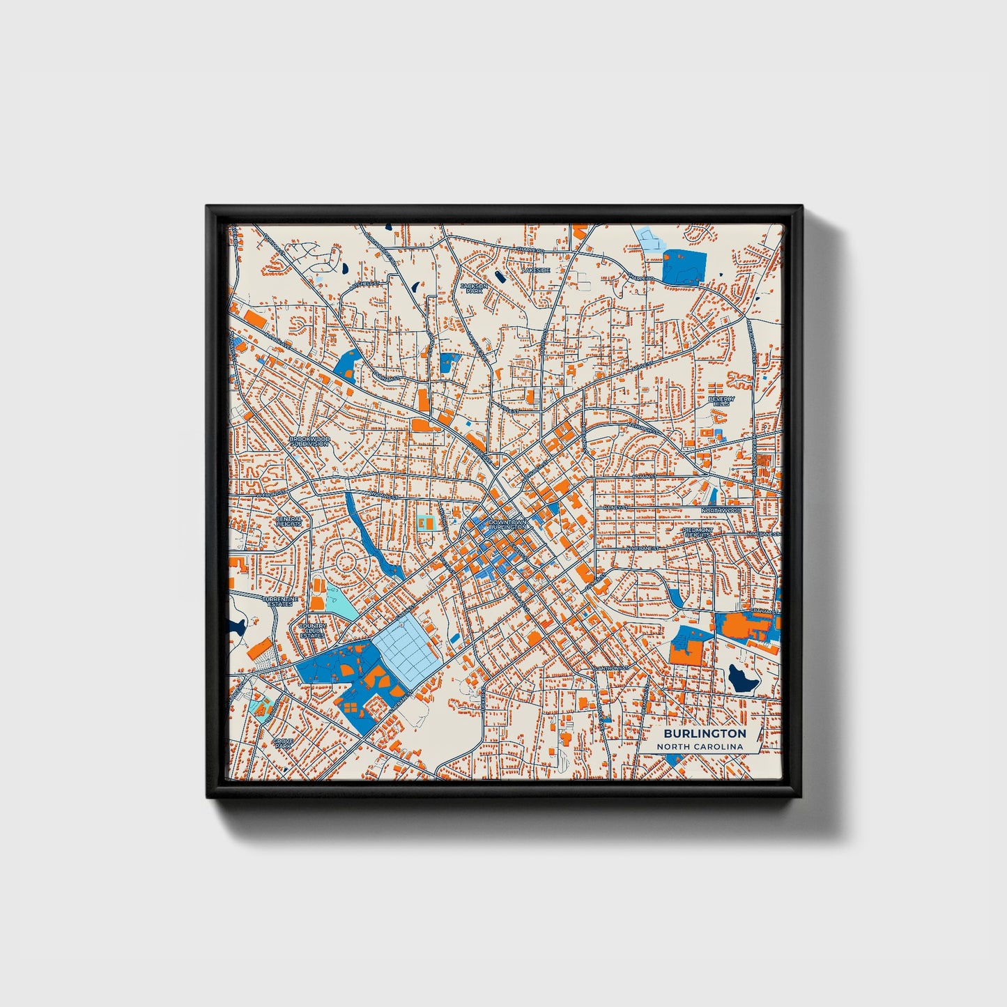 Burlington North Carolina Colorful City Map Canvas Print • Black Framed