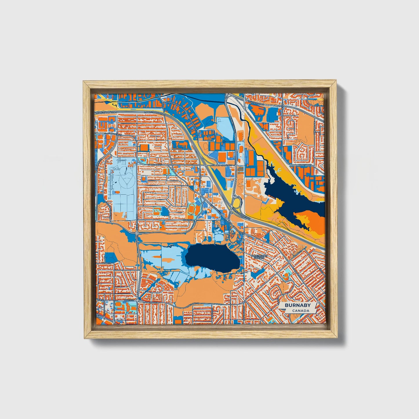 Burnaby Canada Colorful City Map Canvas Print • Natural Wooden Framed