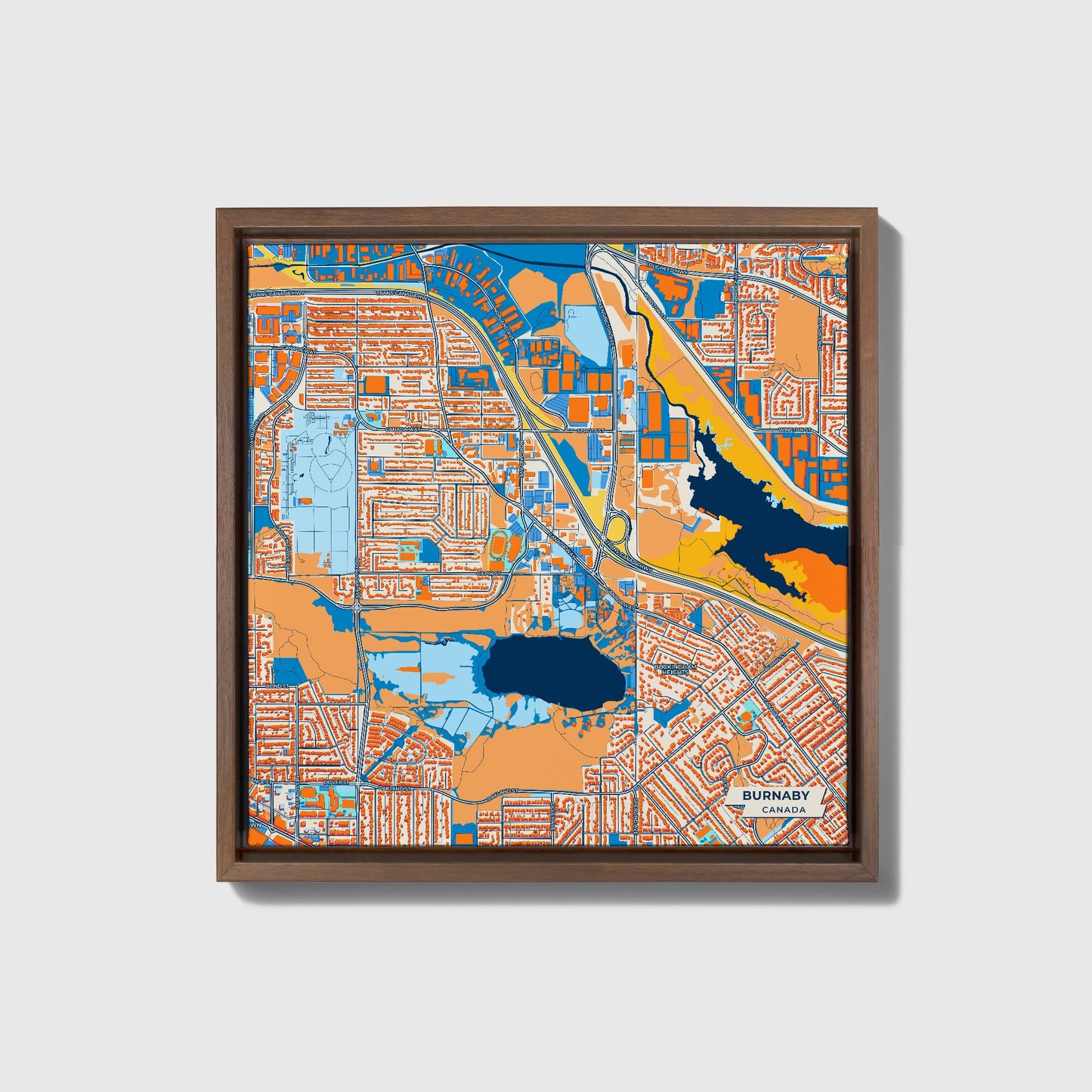 Burnaby Canada Colorful City Map Canvas Print • Dark Wooden Framed