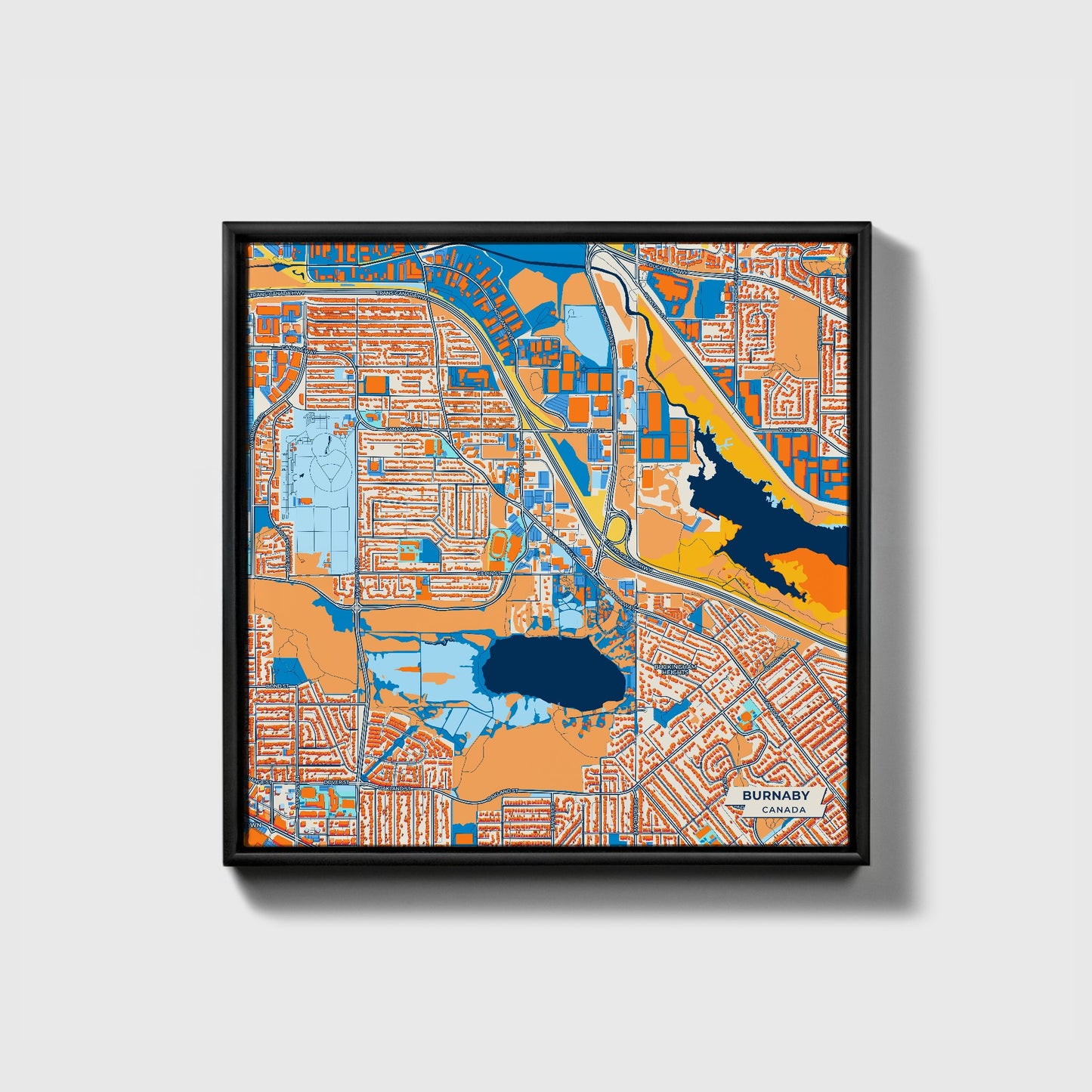 Burnaby Canada Colorful City Map Canvas Print • Black Framed