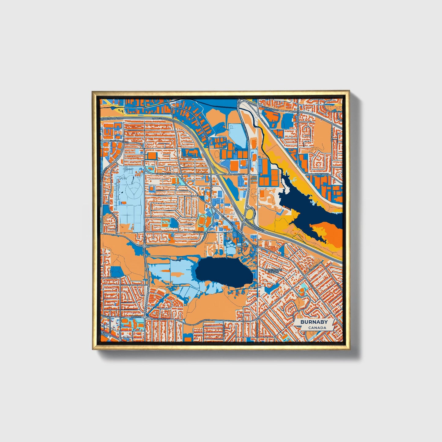 Burnaby Canada Colorful City Map Canvas Print • Gold Framed