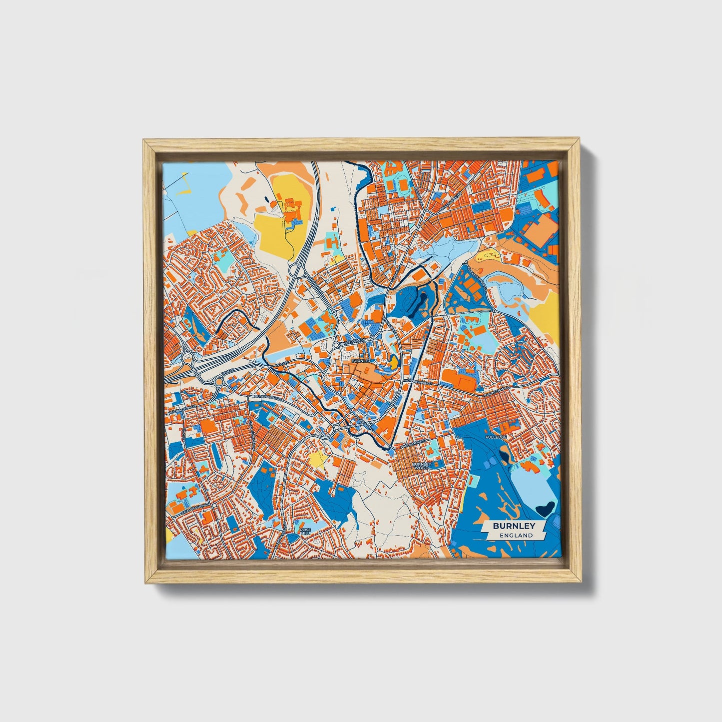 Burnley England Colorful City Map Canvas Print • Natural Wooden Framed