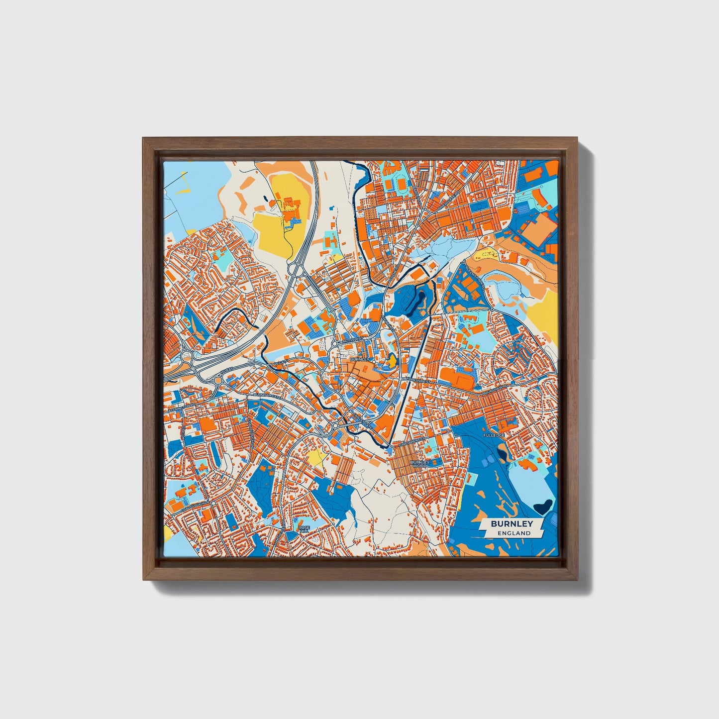 Burnley England Colorful City Map Canvas Print • Dark Wooden Framed