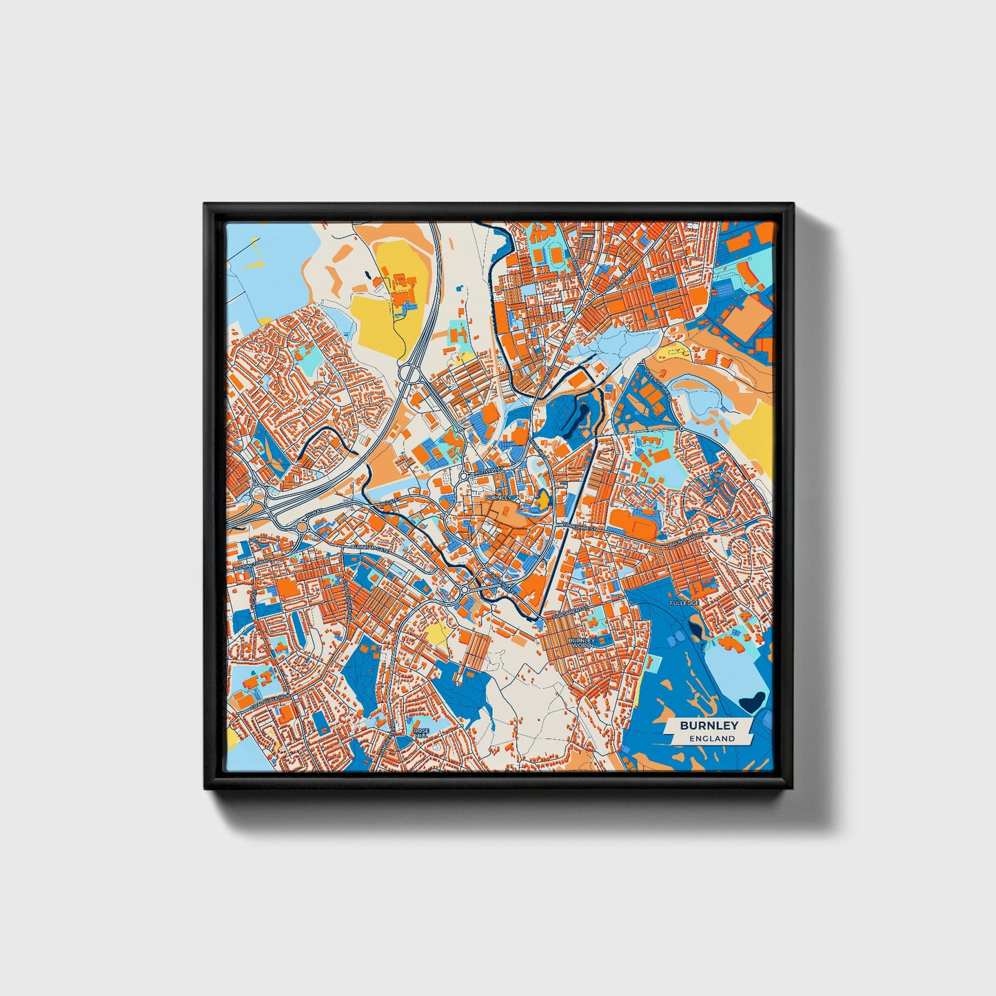 Burnley England Colorful City Map Canvas Print • Black Framed