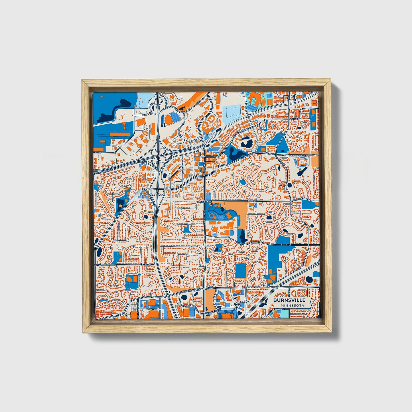 Burnsville Minnesota Colorful City Map Canvas Print • Natural Wooden Framed