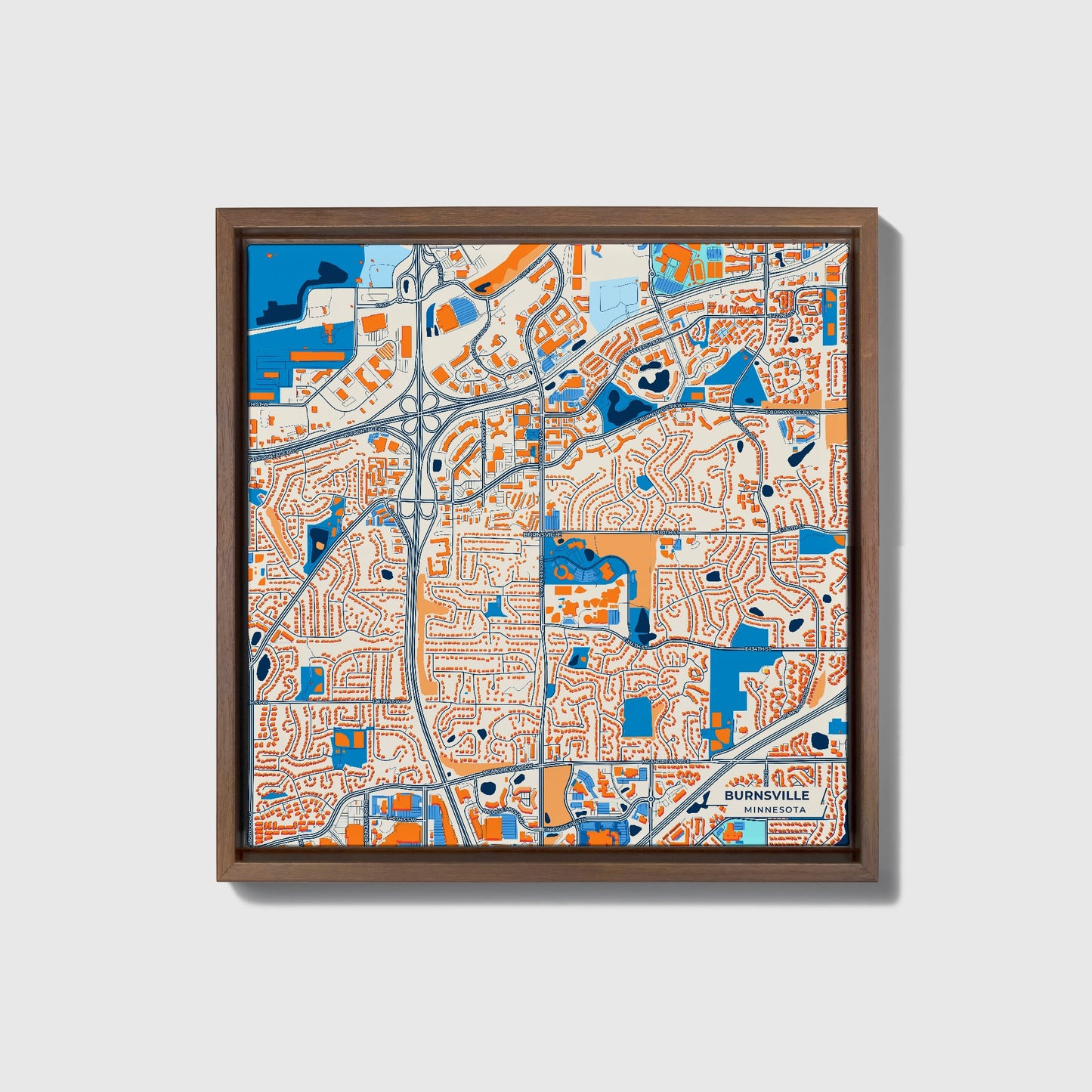 Burnsville Minnesota Colorful City Map Canvas Print • Dark Wooden Framed