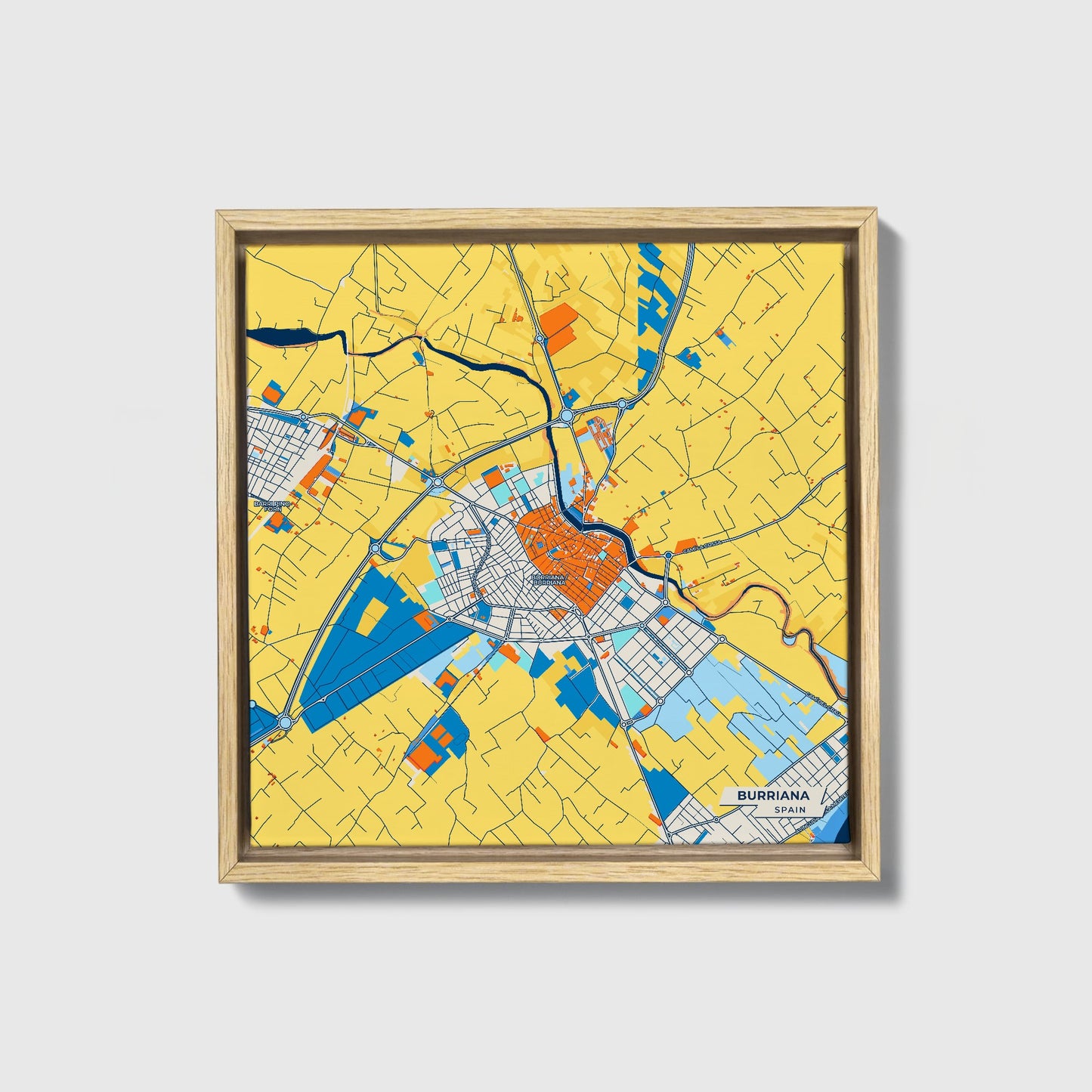 Burriana Spain Colorful City Map Canvas Print • Natural Wooden Framed