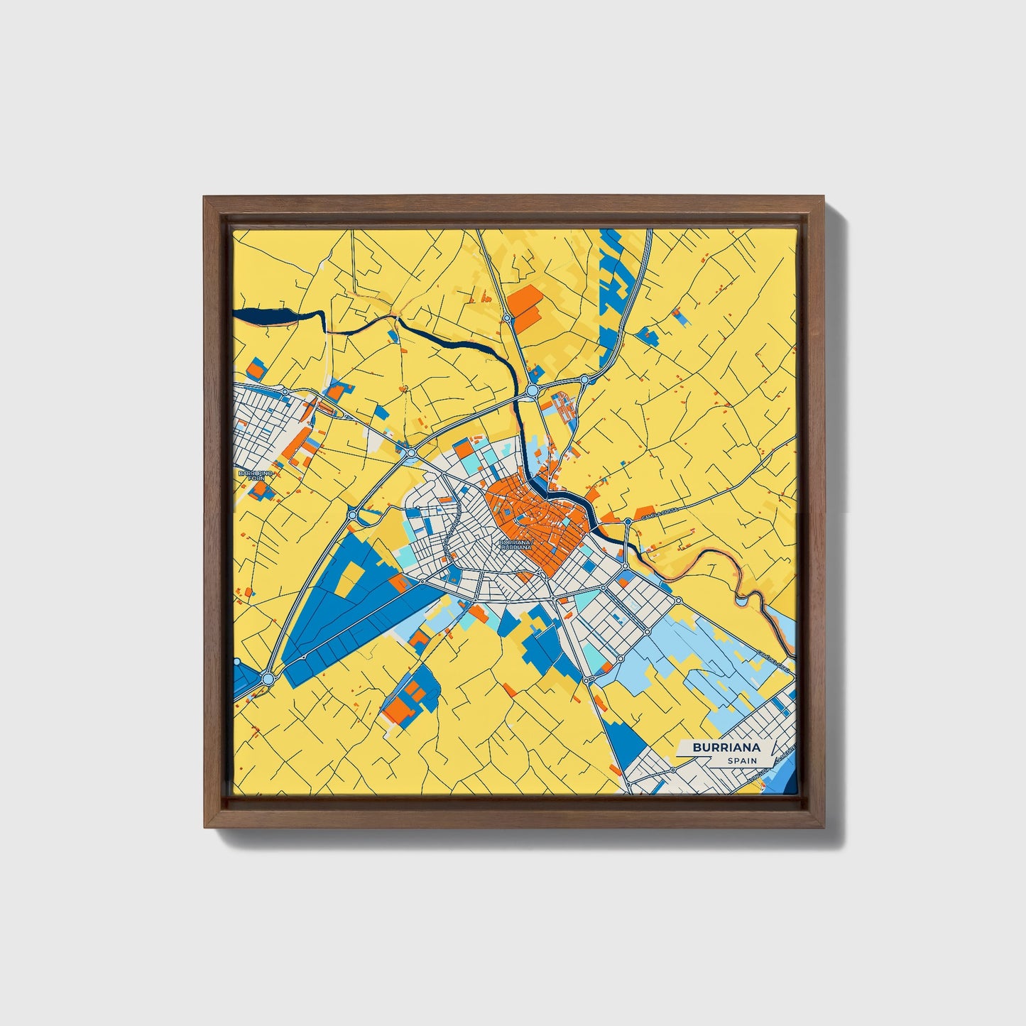 Burriana Spain Colorful City Map Canvas Print • Dark Wooden Framed